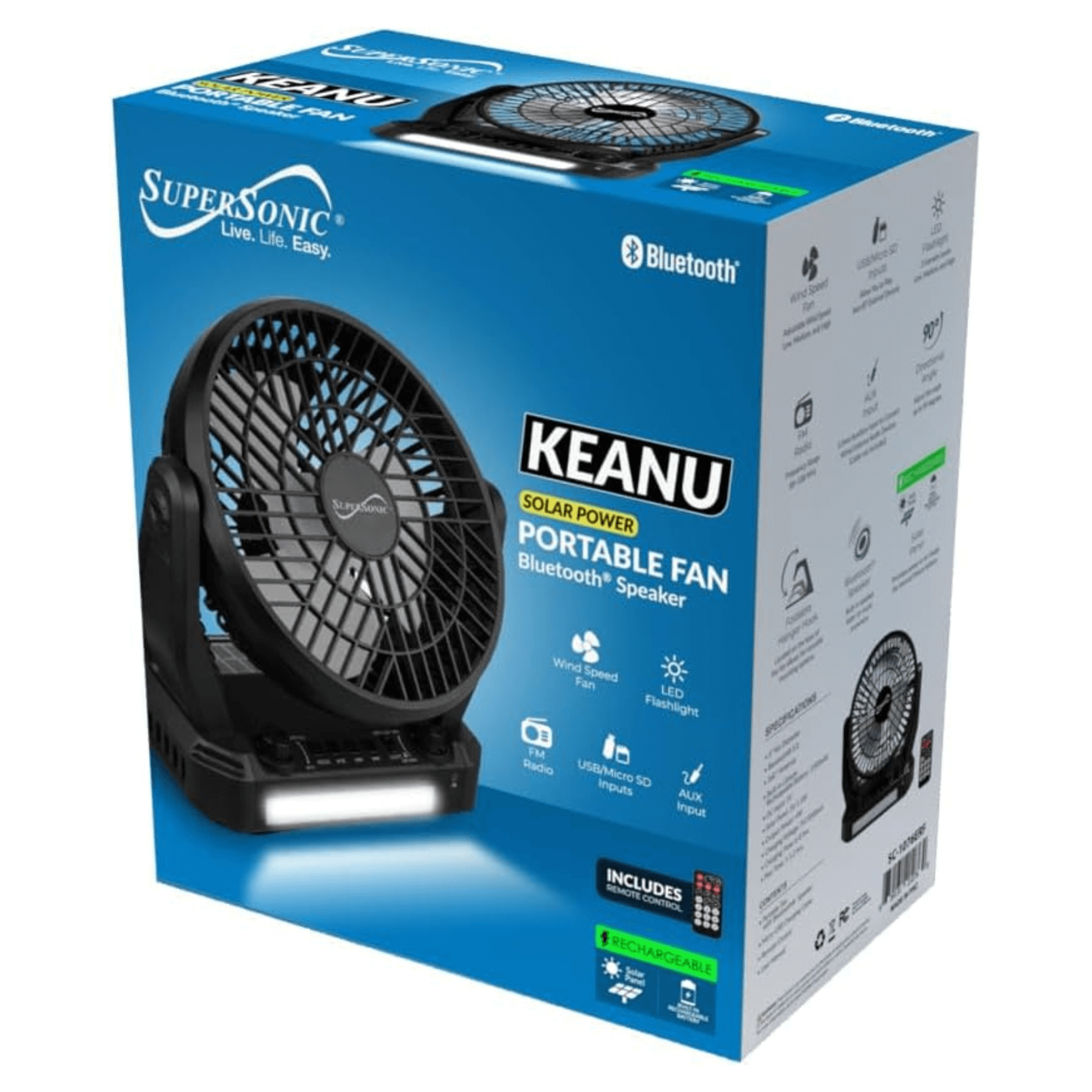Supersonic Solar-Powered BT Speaker with FM Radio, LED Flashlight, and Fan Jupiter Gear Home
