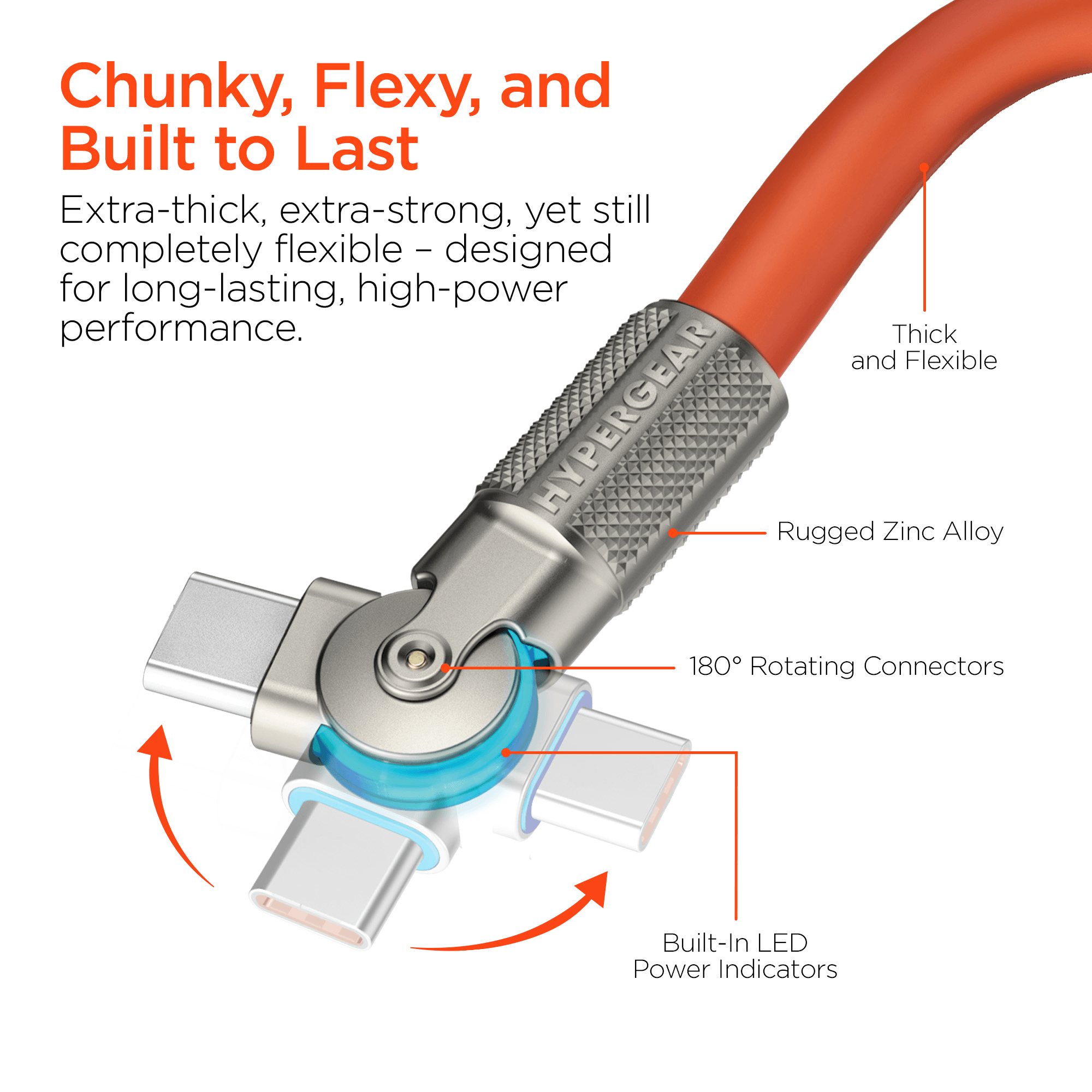 HyperGear Chunky180° 100W USB-C to USB-C Rugged Fast Charge Cable 12ft Jupiter Gear Home