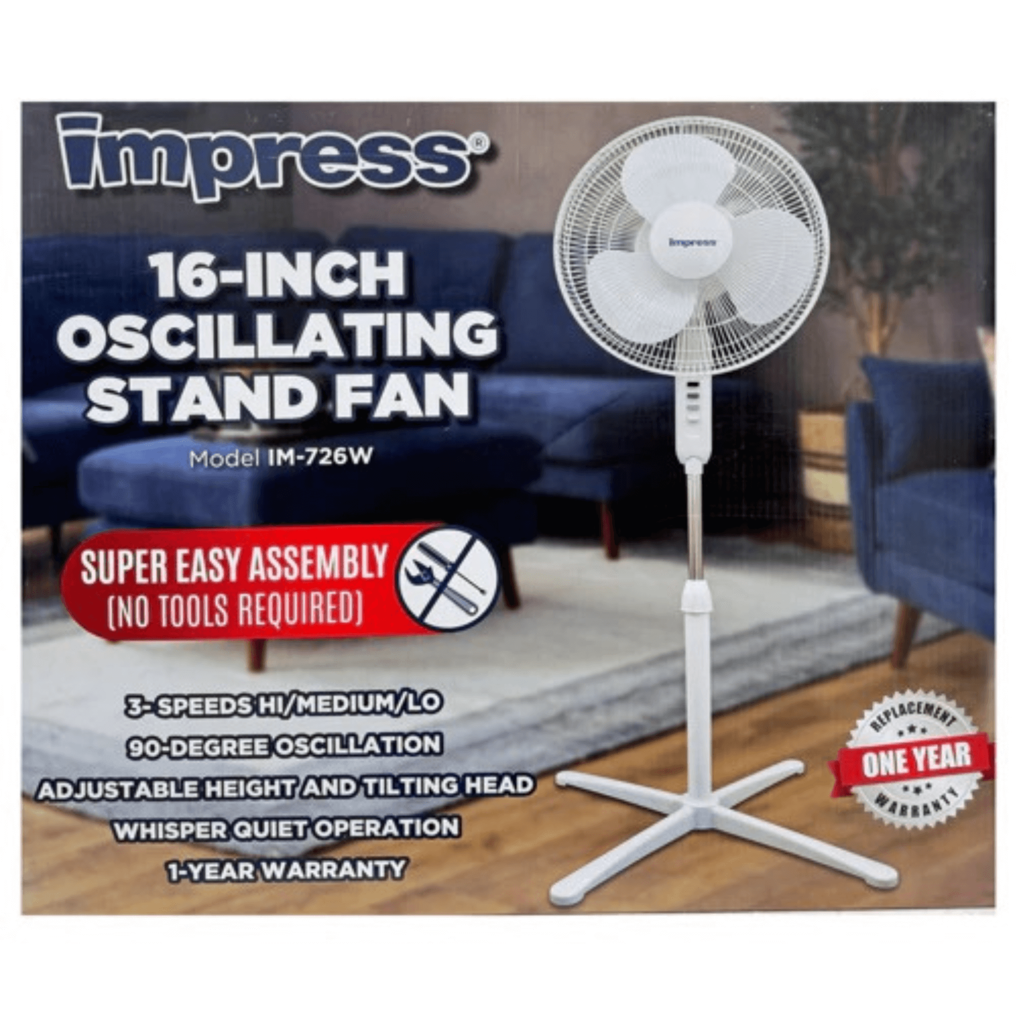 Impress Easy-Assemble 3-Speed 16-Inch Stand Oscillating Pedestal Floor Fan Jupiter Gear Home