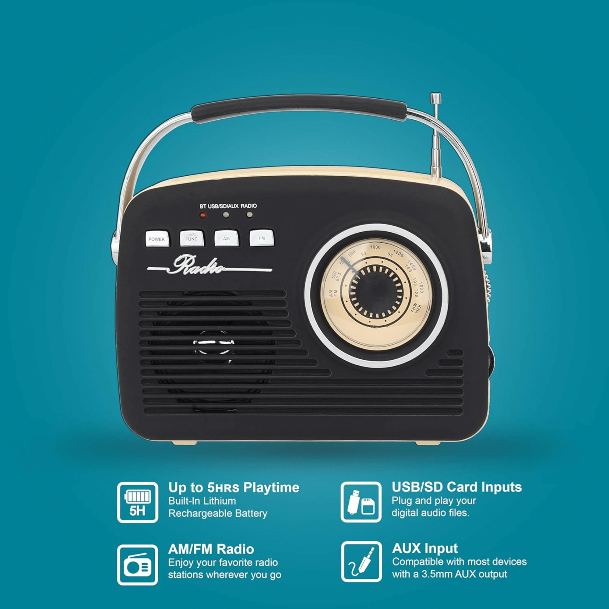 Supersonic Multi-Function Bluetooth Retro Speaker with Rechargeable Battery Jupiter Gear Home