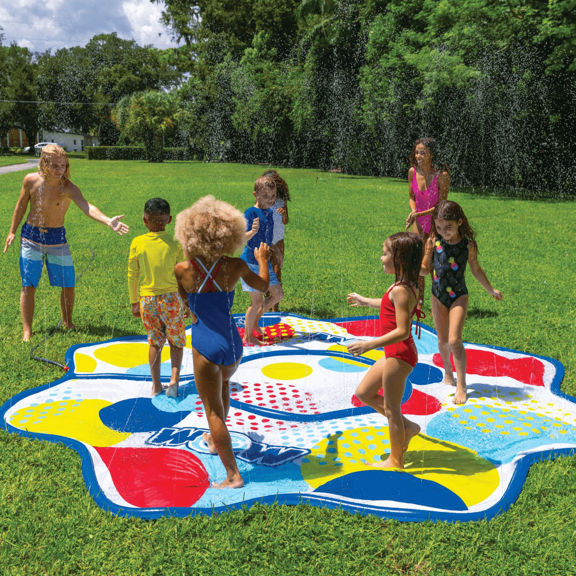 WOW Watersports 12ft Dots Spray Pad with Inflatable Edge Rim to Retain Water Jupiter Gear Home