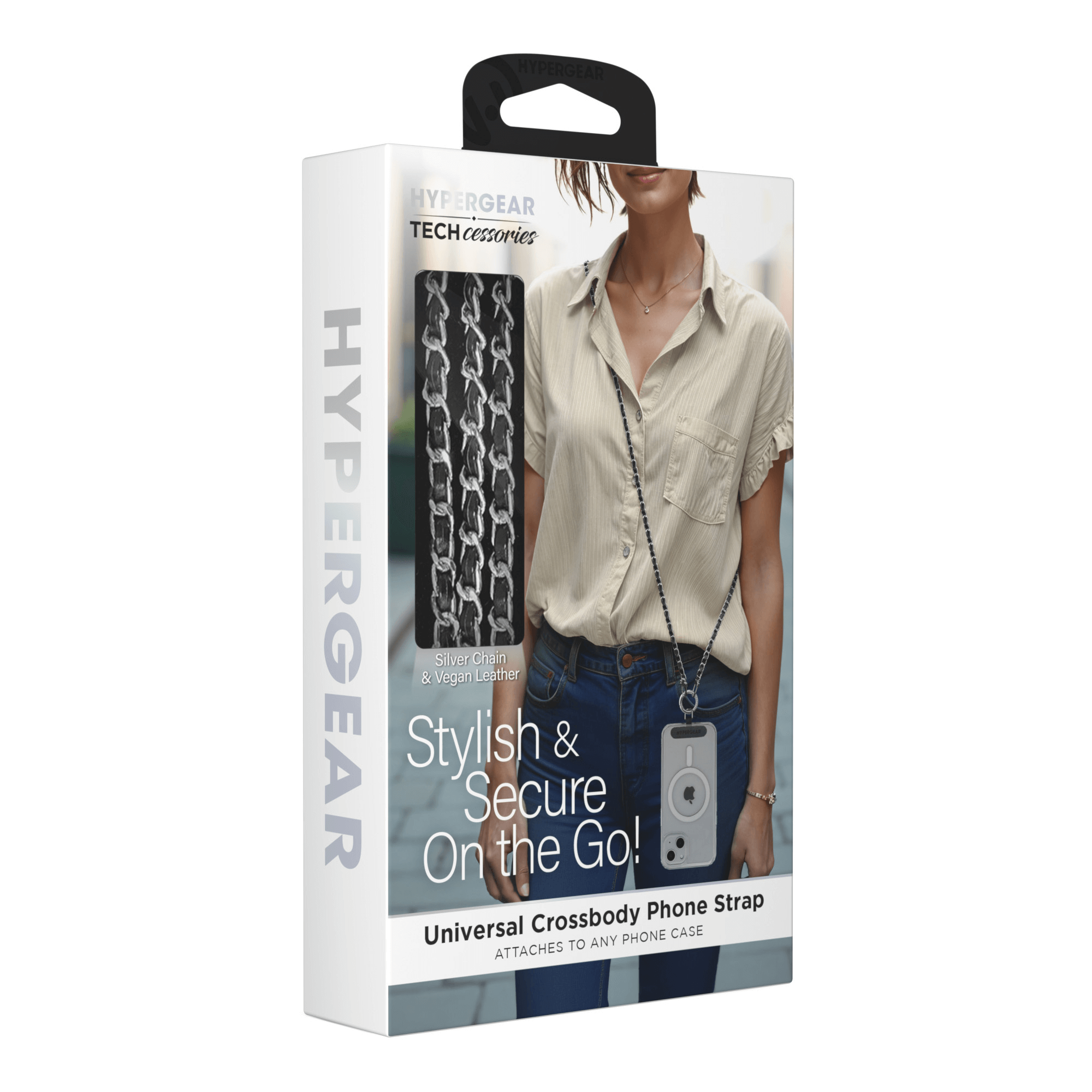 HyperGear TECHcessories Silver Chain with Black Vegan Leather Universal Crossbody Phone Strap Jupiter Gear Home