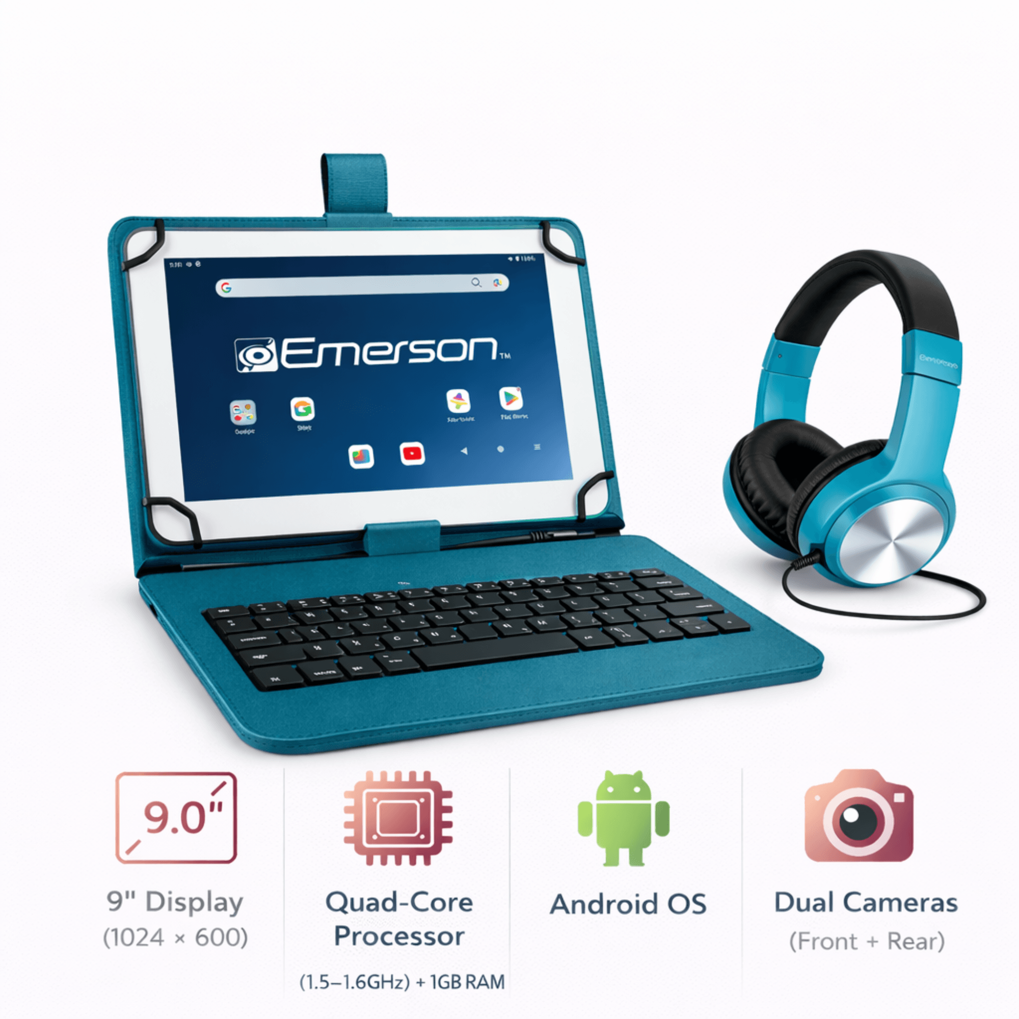 Emerson 9” Quad Core Tablet with Android 14 Turquoise - Refurbished Jupiter Gear Home