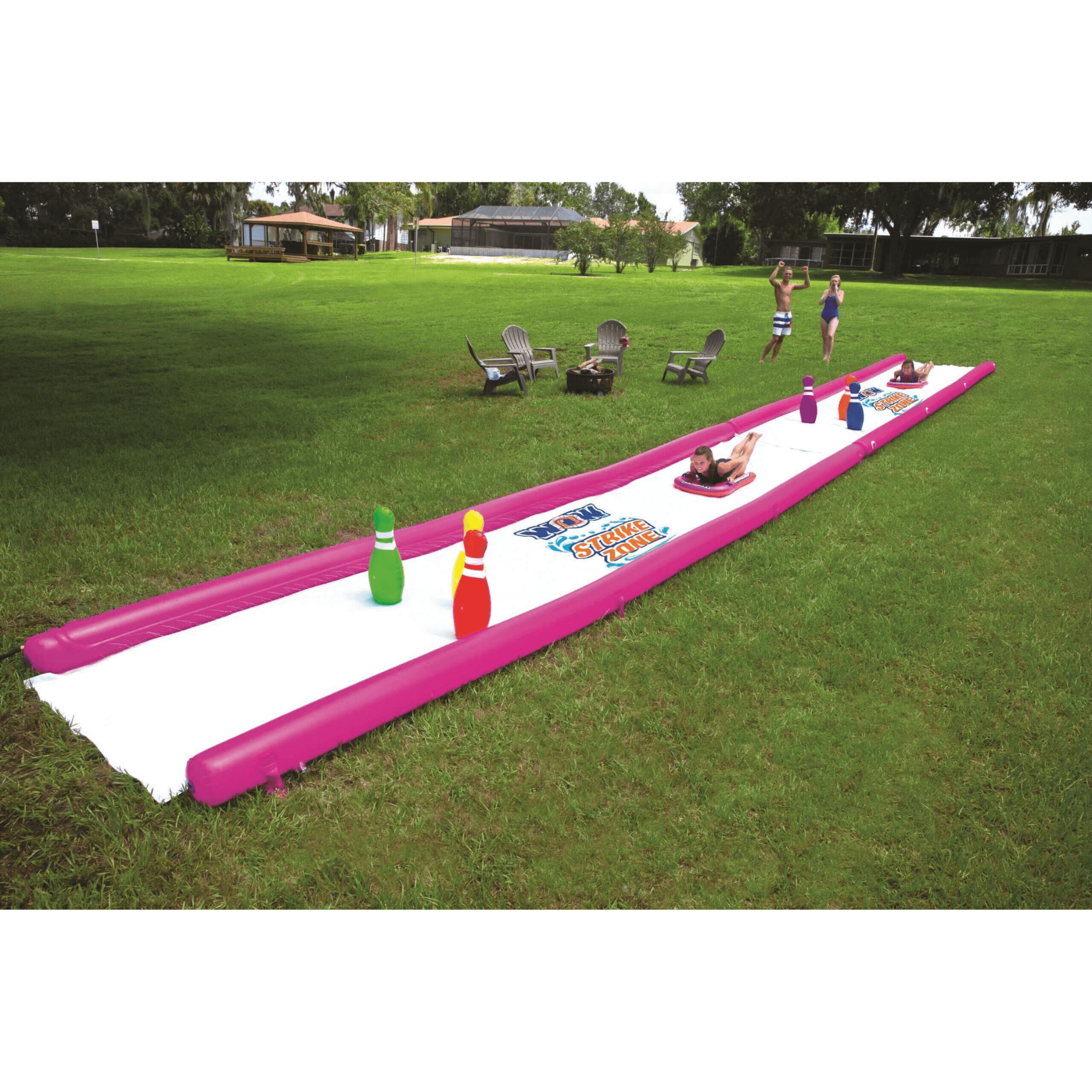 WOW Watersports Strike Zone Water Slide w 6 Giant Inflatable Bowling Pins and Sprinkler Jupiter Gear Home