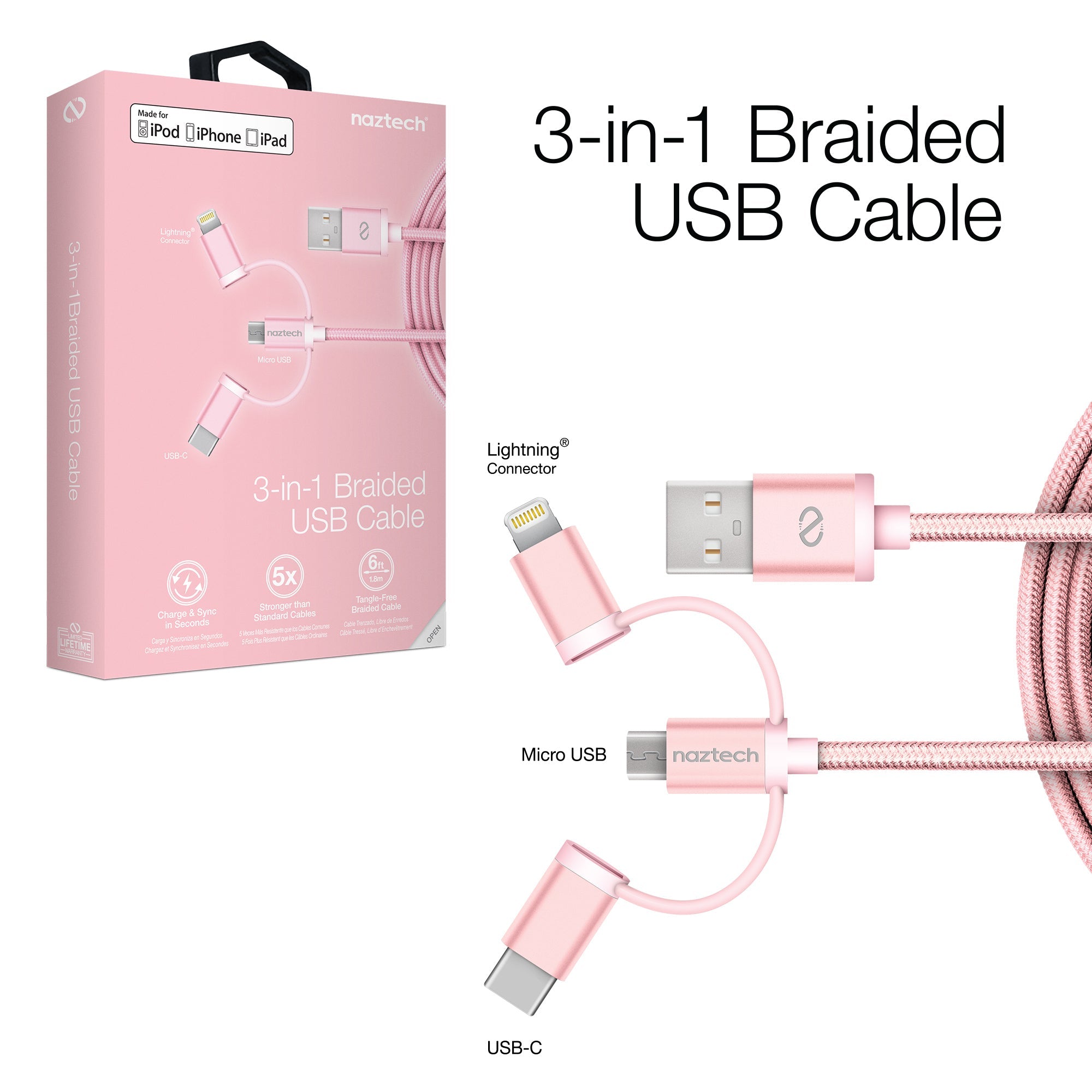 Naztech 3X1 Micro Lightning & USB-C Charge & Sync 6ft Cable Jupiter Gear Home