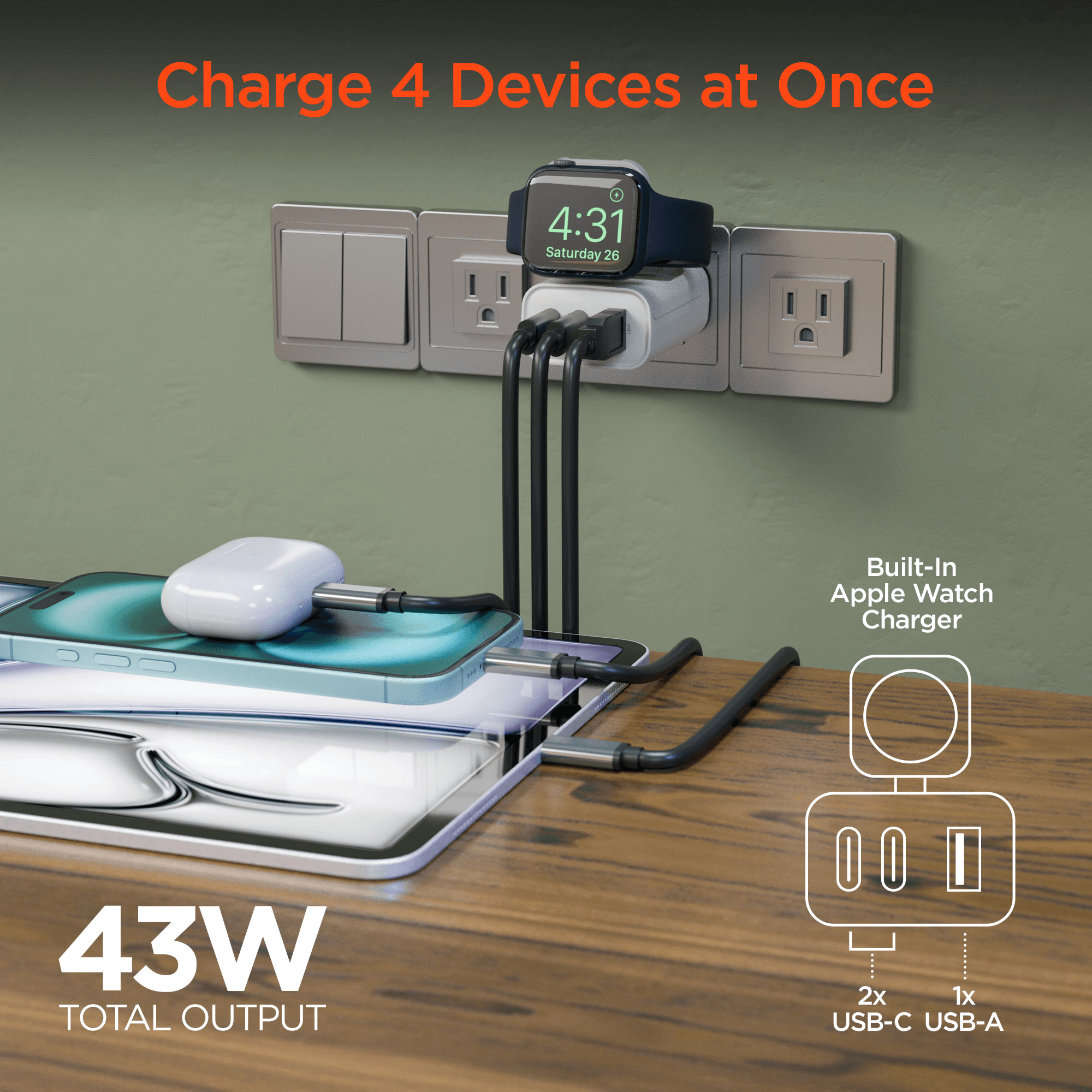 HyperGear SpeedBoost 43W 3-Port Fast Phone and Watch Wall Charger Jupiter Gear Home