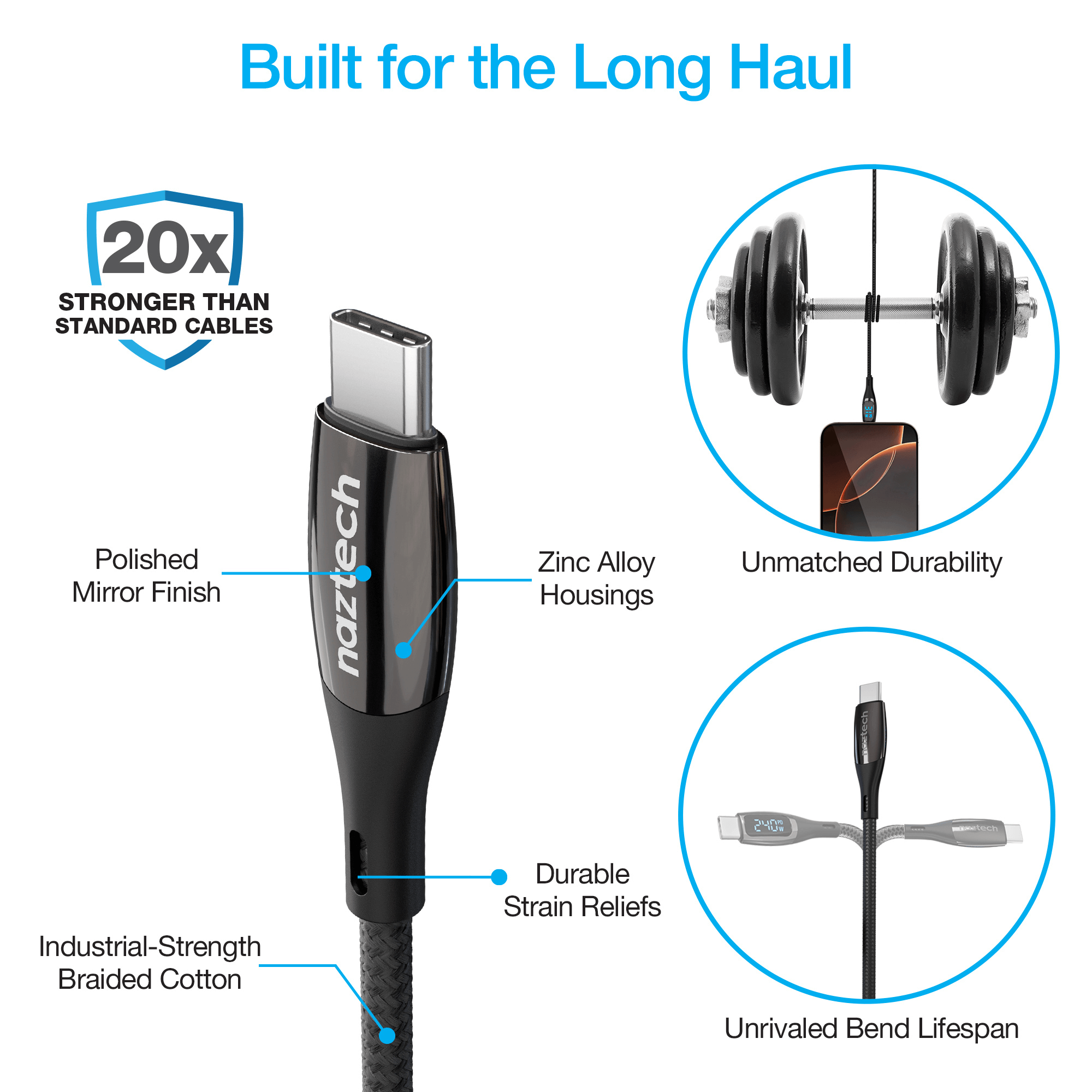 Naztech DigiWATT USB-C to USB-C Digital LED Cable 12ft Jupiter Gear Home