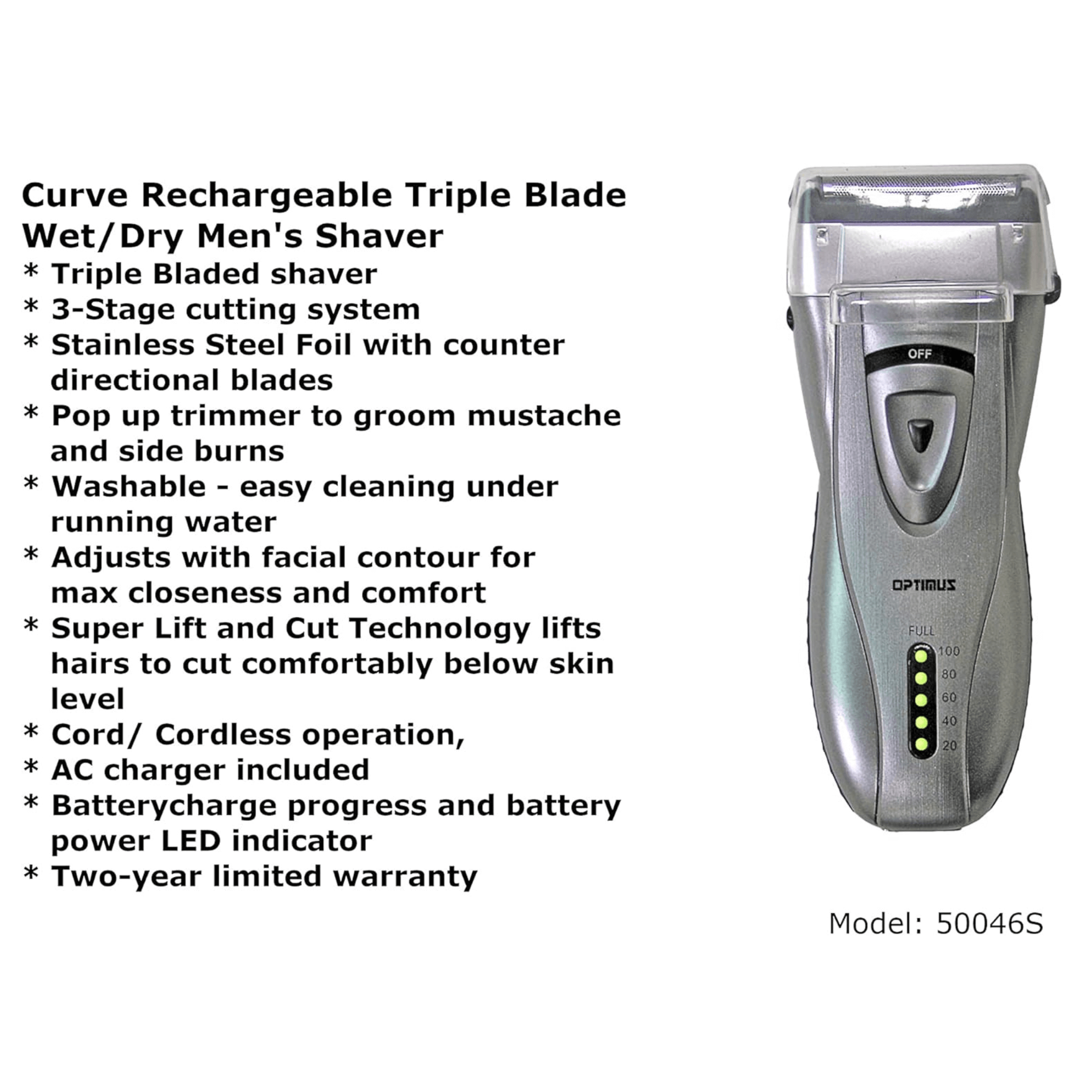 Optimus Cordless Rechargeable LED Shaver with Pop-Up Trimmer Jupiter Gear Home