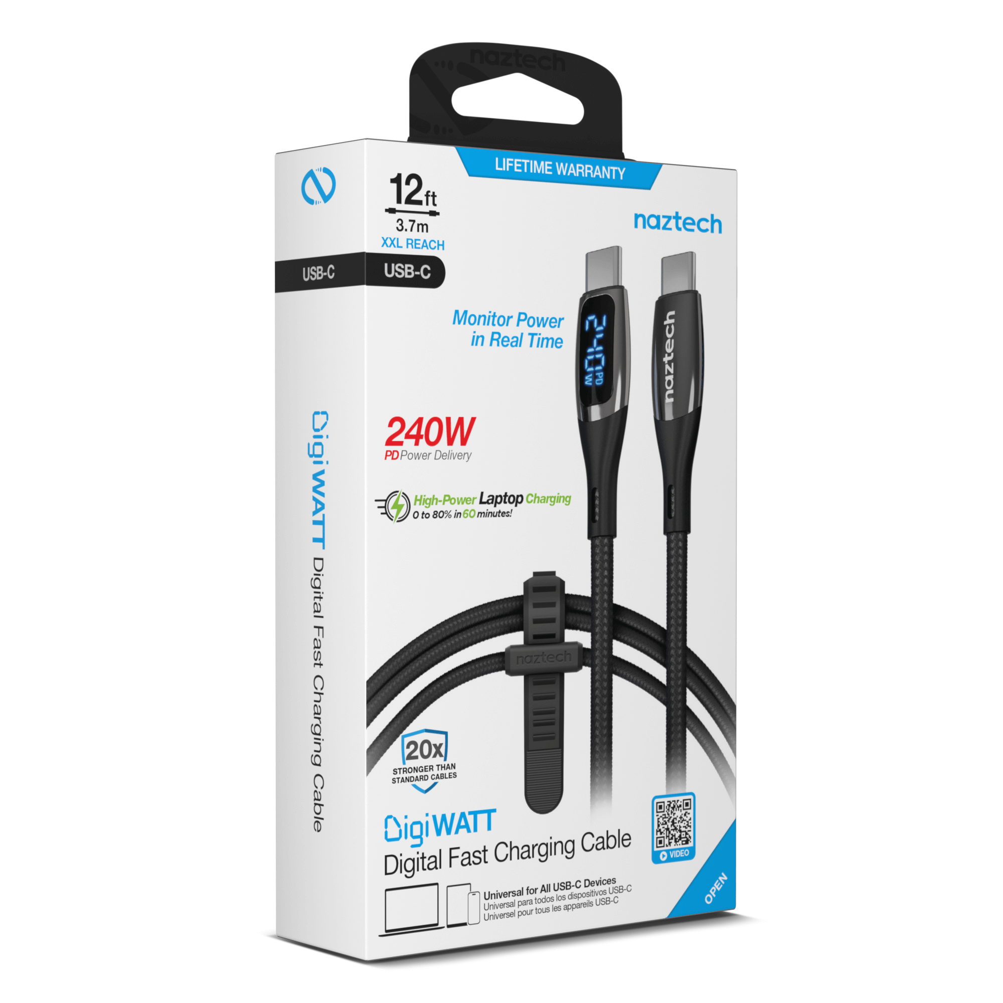 Naztech DigiWATT USB-C to USB-C Digital LED Cable 12ft Jupiter Gear Home