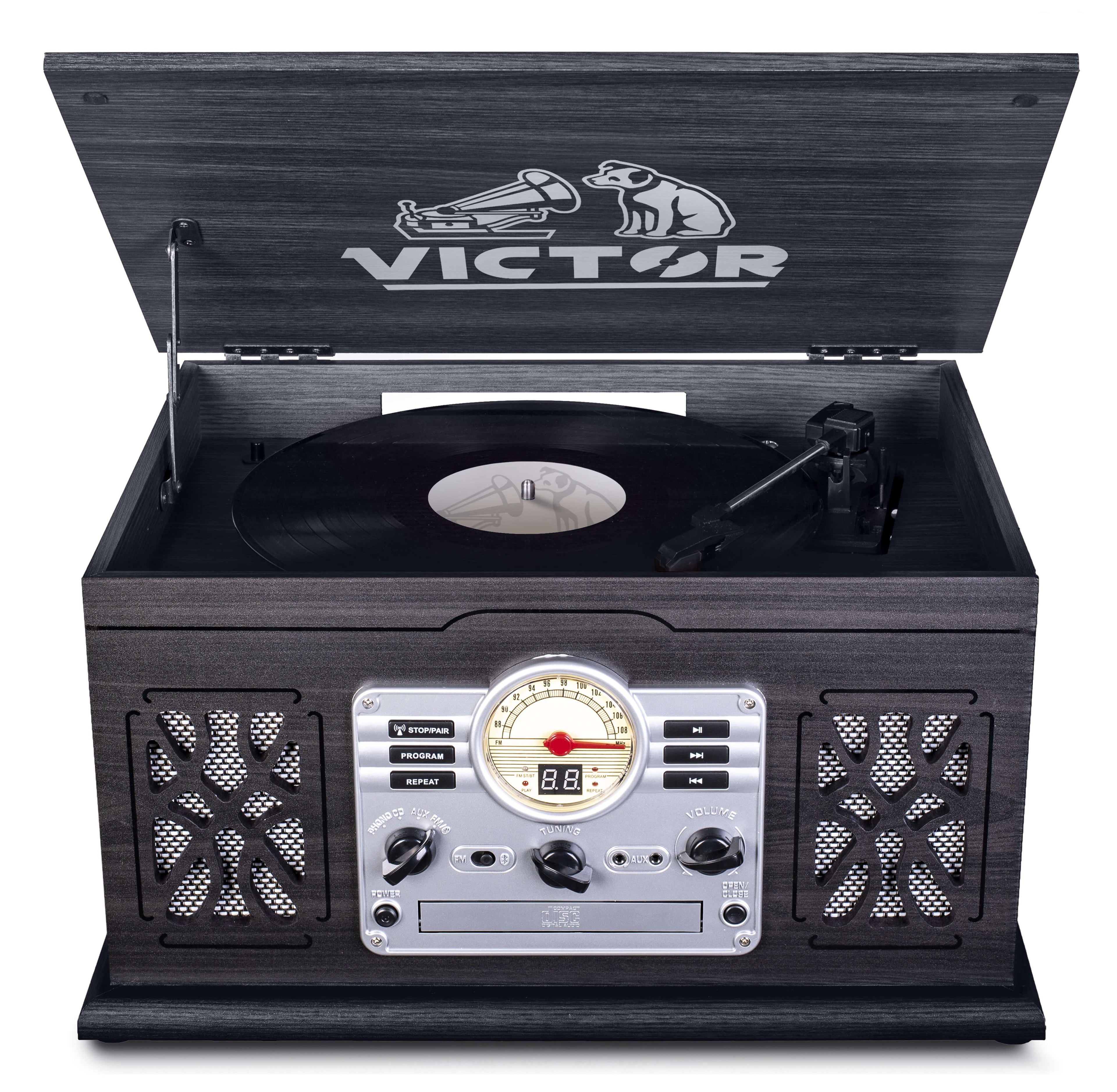 Victor State 7-in-1 Wood Music Center with 3-Speed Turntable and Dual Bluetooth Jupiter Gear Home