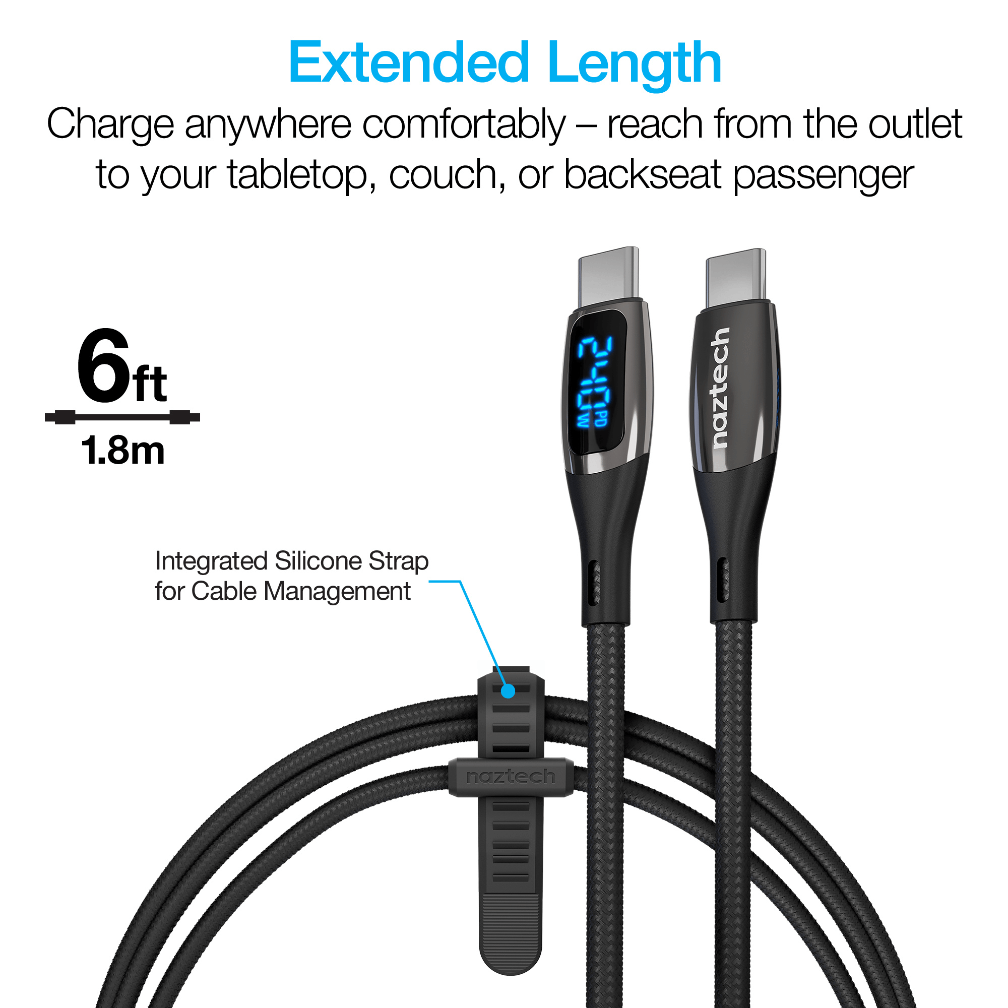 Naztech DigiWATT USB-C to USB-C Digital LED Cable 6ft Jupiter Gear Home