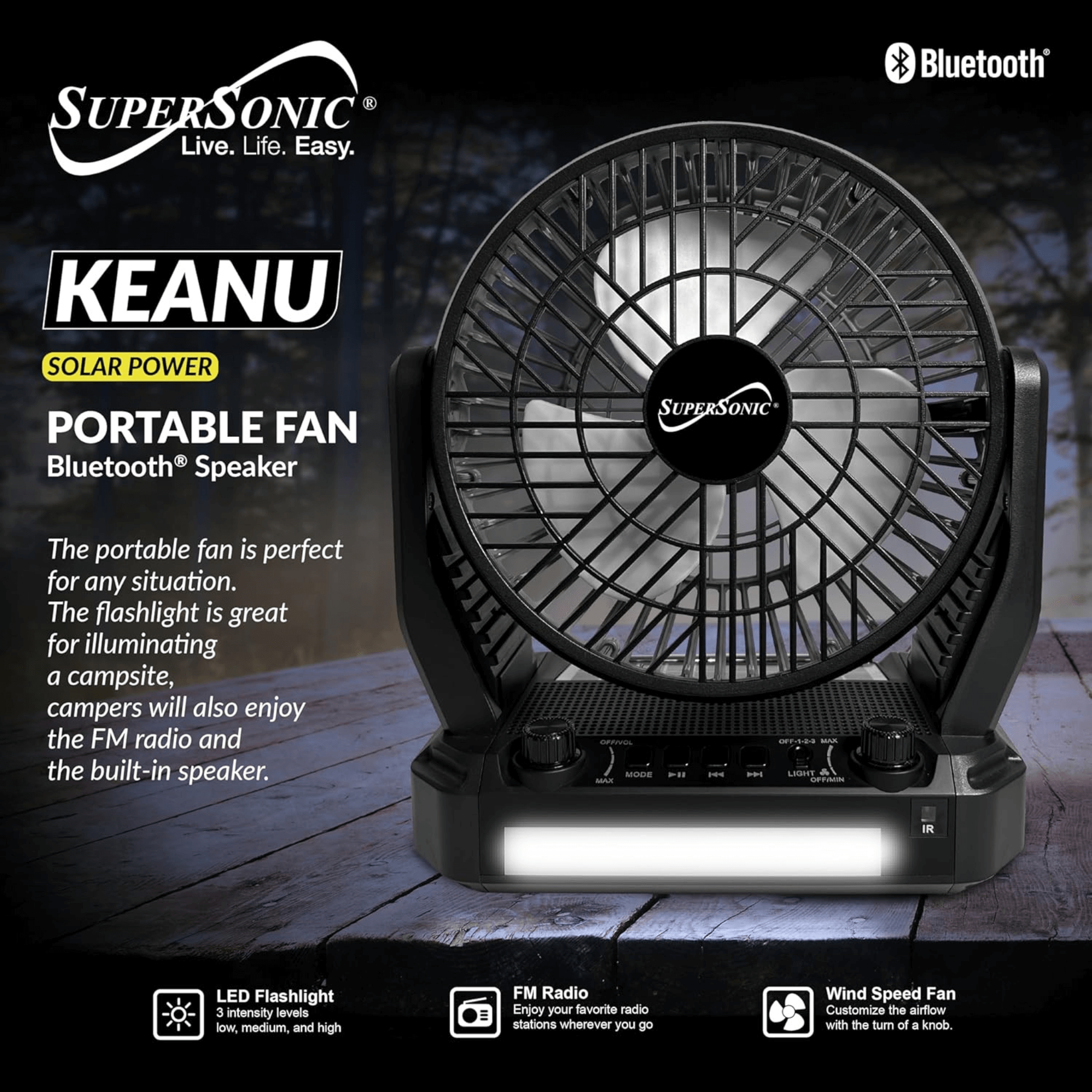 Supersonic Solar-Powered BT Speaker with FM Radio, LED Flashlight, and Fan Jupiter Gear Home