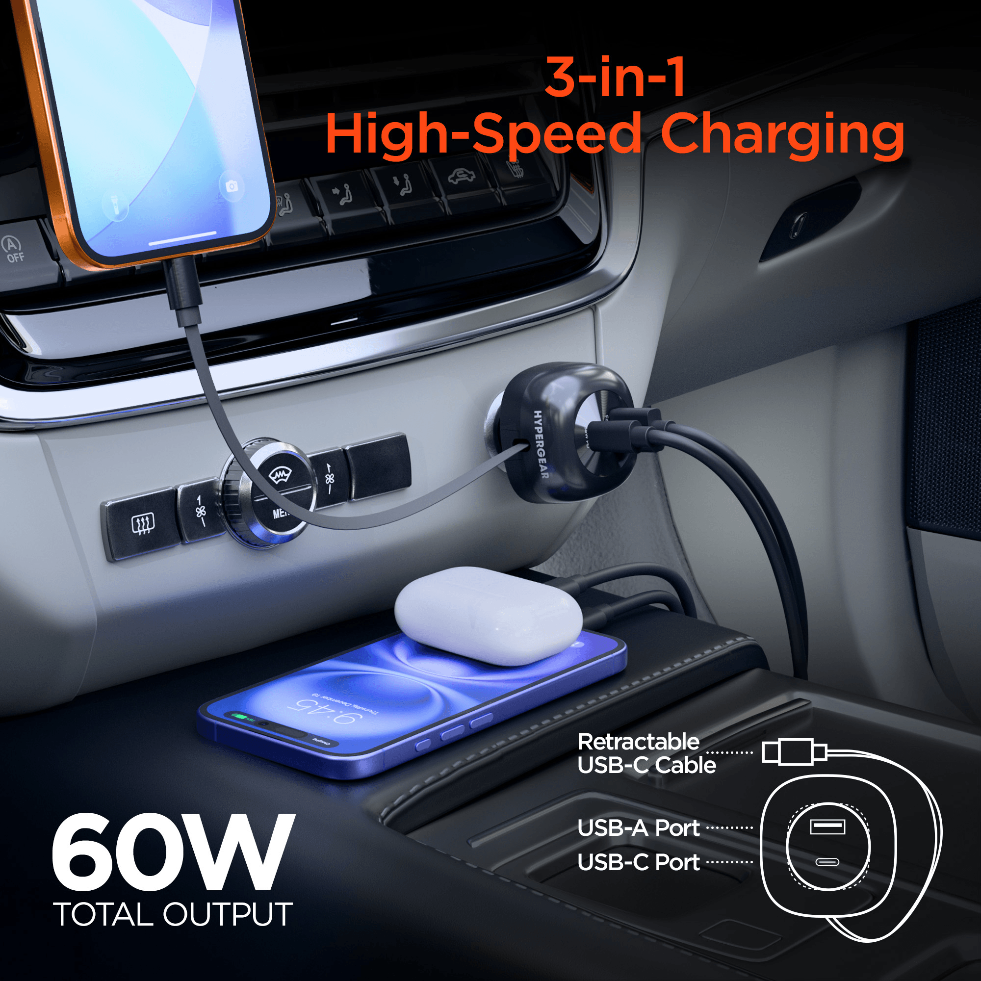HyperGear SpeedBoost 60W Retractable Car Charger Jupiter Gear Home