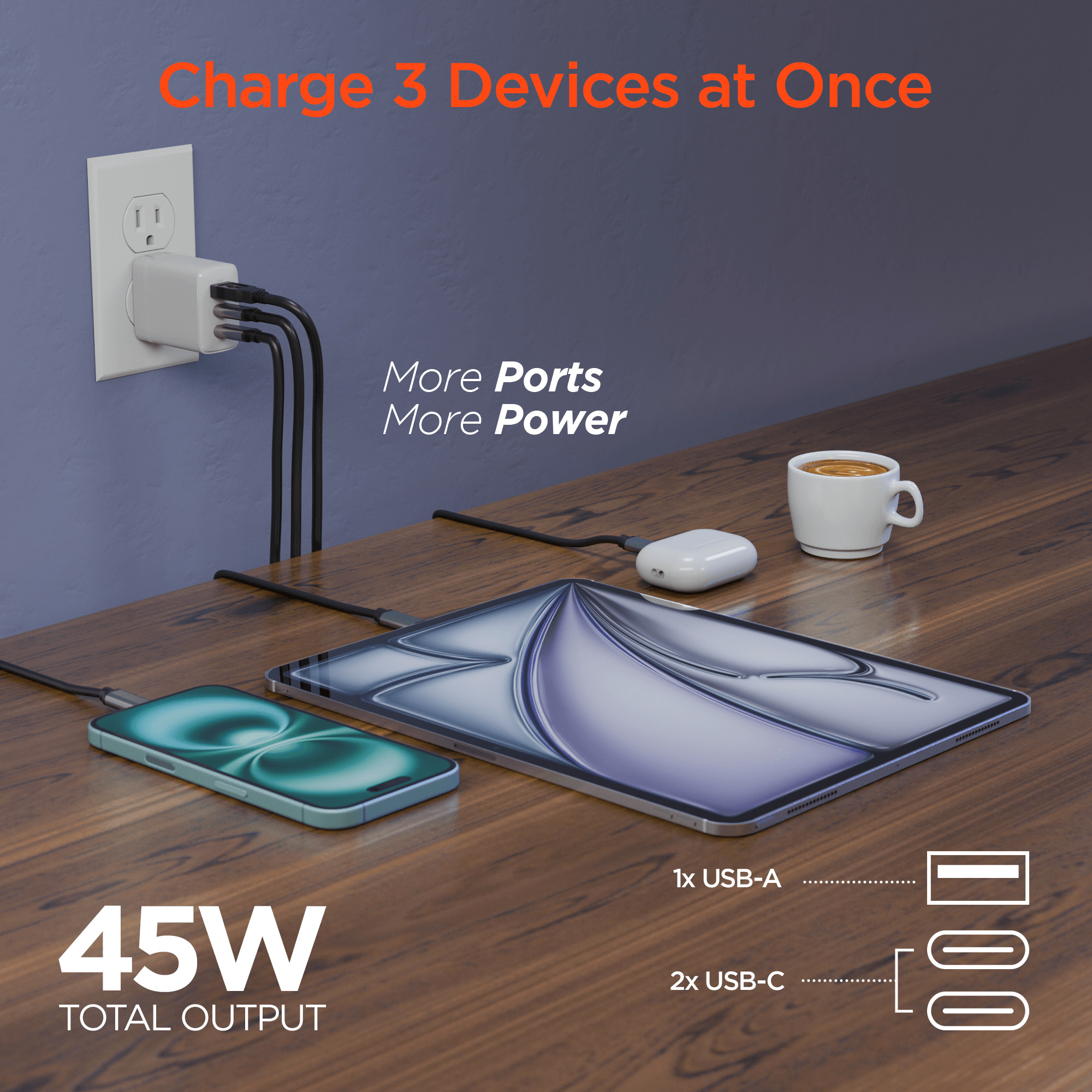 HyperGear SpeedBoost 45W USB-C PD Tri-Port GaN Fast Wall Charger with PPS and 6ft USB-C Cable Jupiter Gear Home