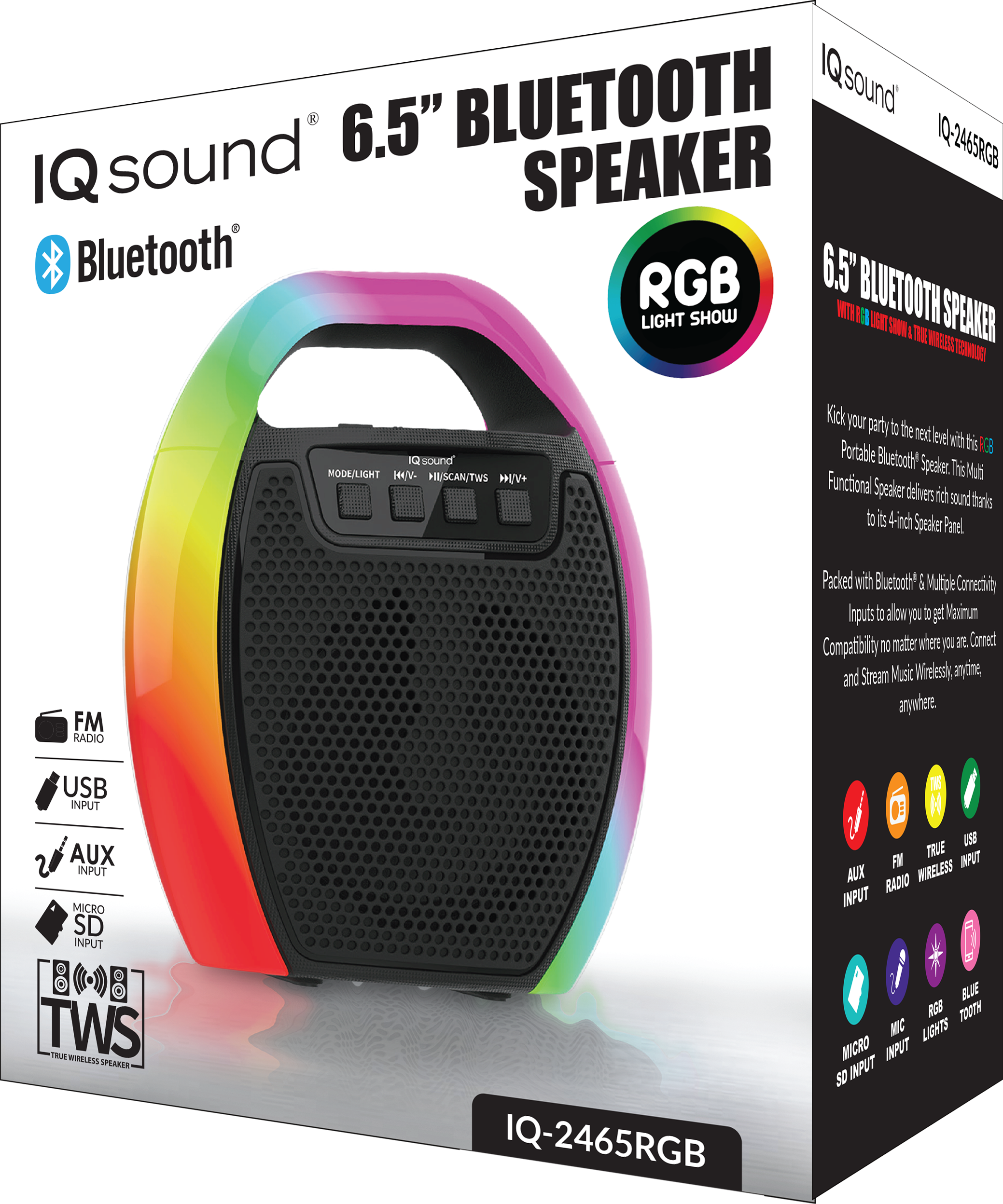 Supersonic 6.5" Portable Bluetooth Speaker with RGB Handle, FM Radio and TWS (IQ-2465RGB) Jupiter Gear Home
