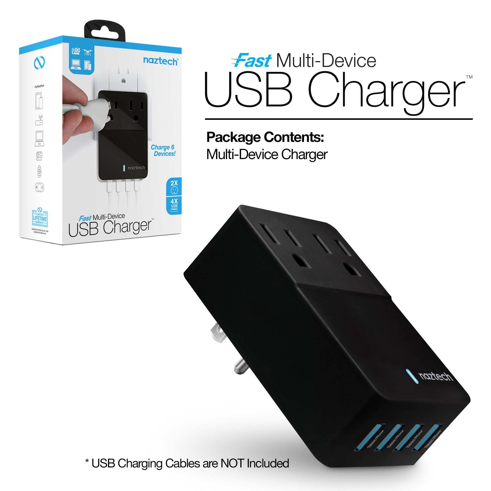 Naztech Fast Multi-Device Charger- 2 Outlets + 4 USB Port Jupiter Gear Home