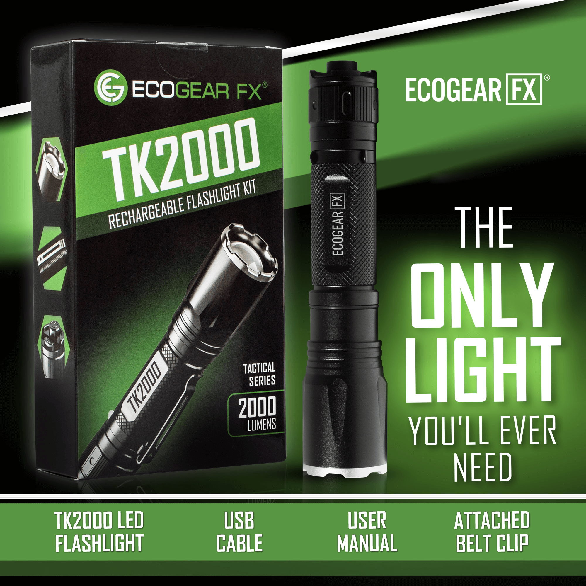 EcoGear FX TK2000 USB Rechargeable LED Tactical Flashlight Jupiter Gear Home