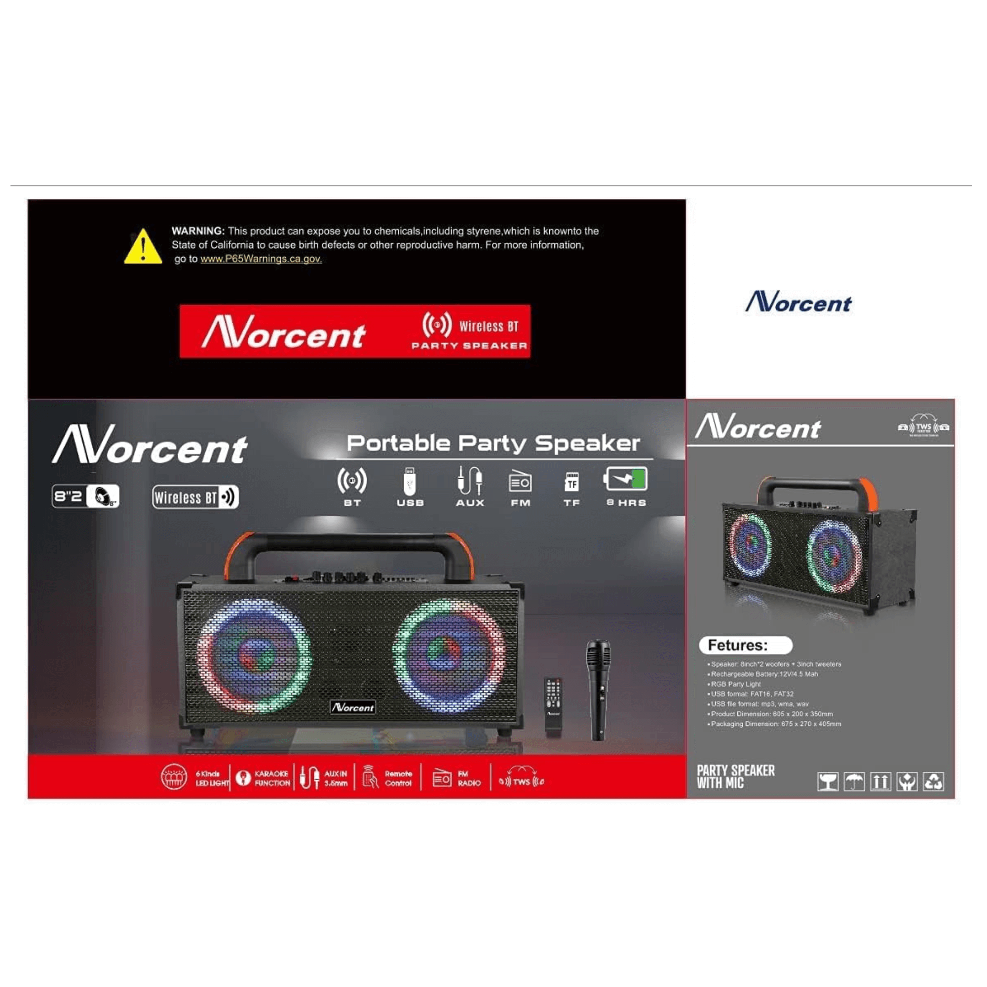 Norcent Dual 8" Portable Bluetooth Cabinet Speaker w Wooden Motif and MP3 Player Jupiter Gear Home