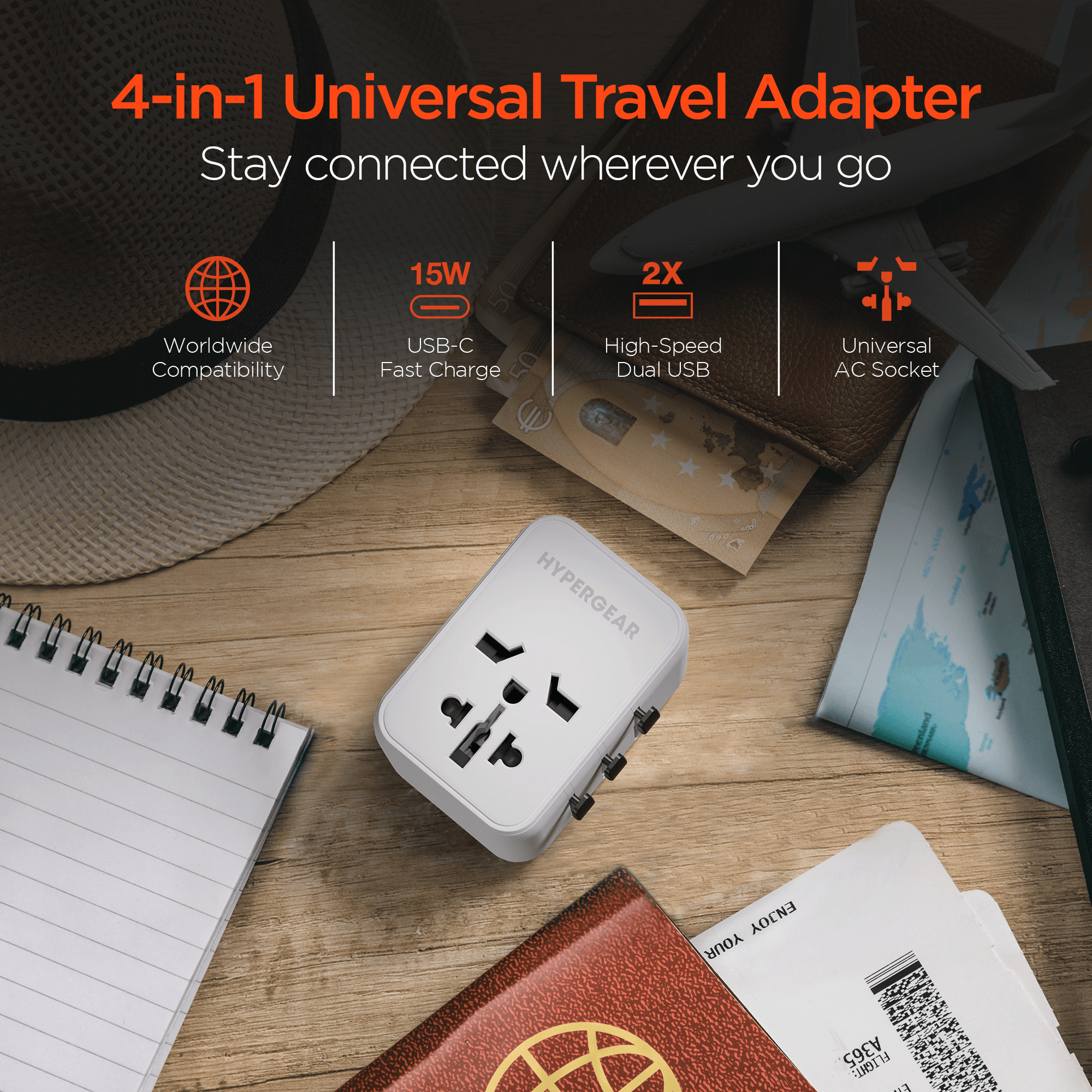HyperGear WorldCharge Universal Travel Adapter with USB-C Jupiter Gear Home