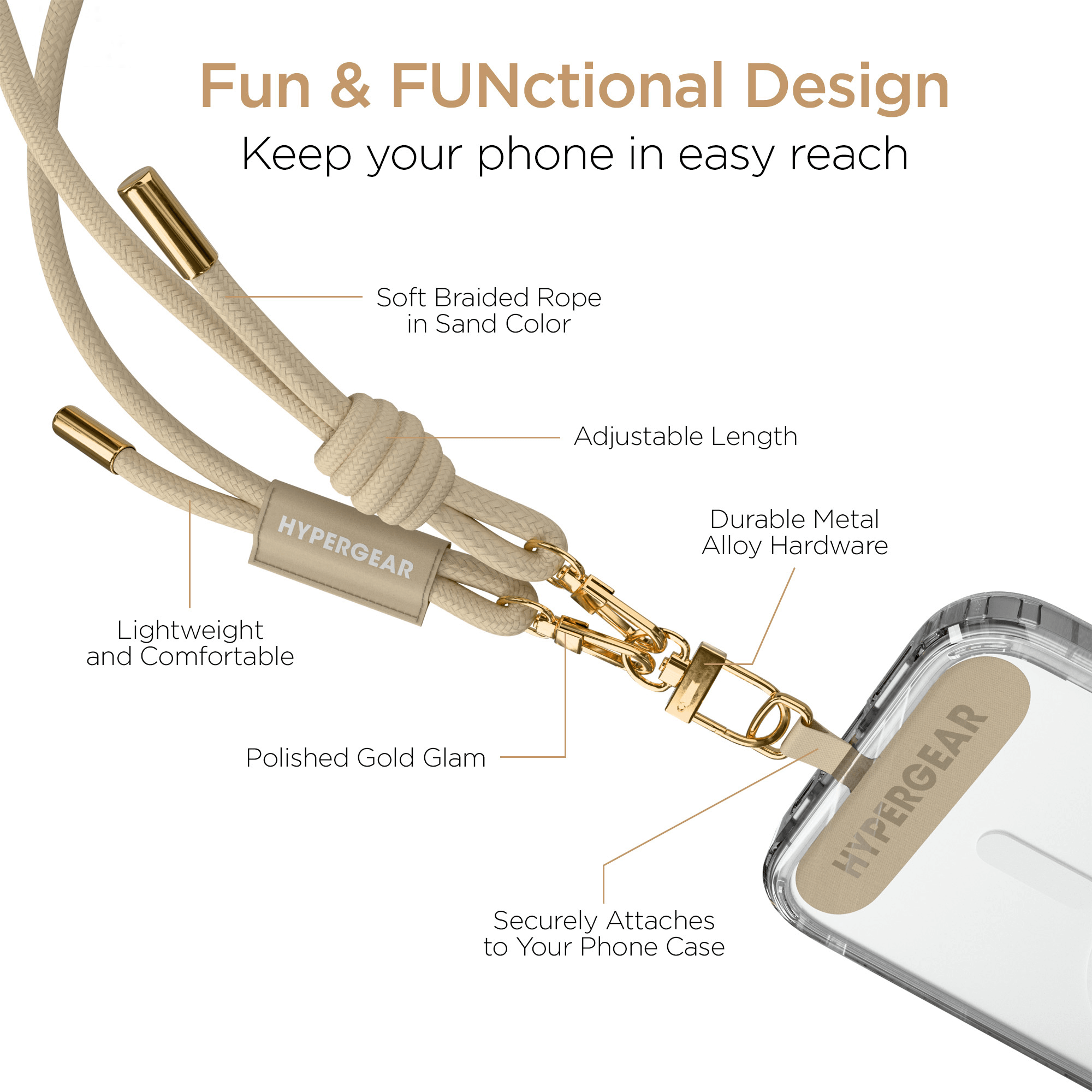 HyperGear TECHcessories Sand Rope with Gold Accents Universal Crossbody Phone Strap Jupiter Gear Home