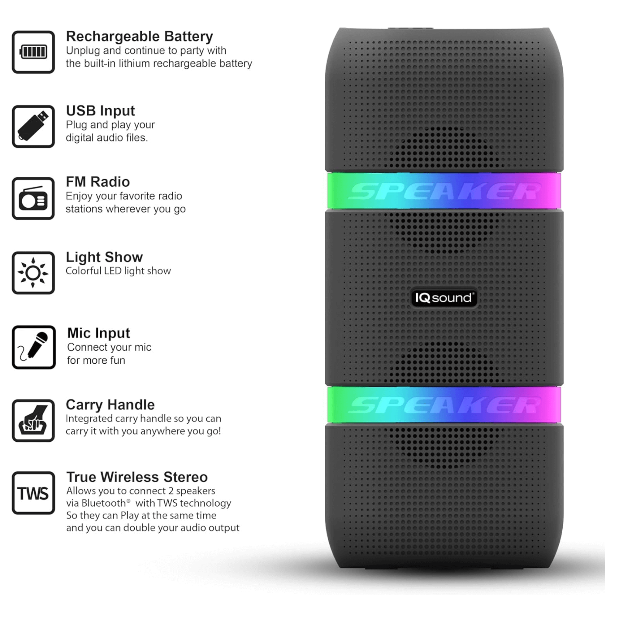 IQ Sound 2 x 4-Inch Portable Bluetooth TWS LED Speaker Jupiter Gear Home