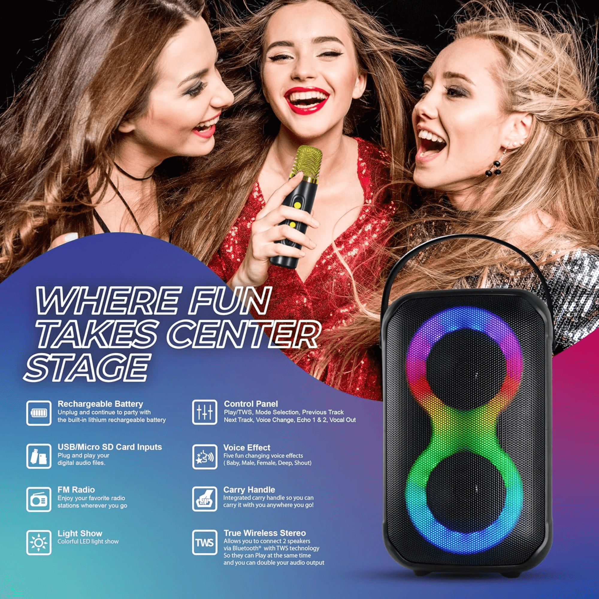 IQ Sound Karaoke Kraze 2x 4-Inch Portable Bluetooth Speaker Jupiter Gear Home