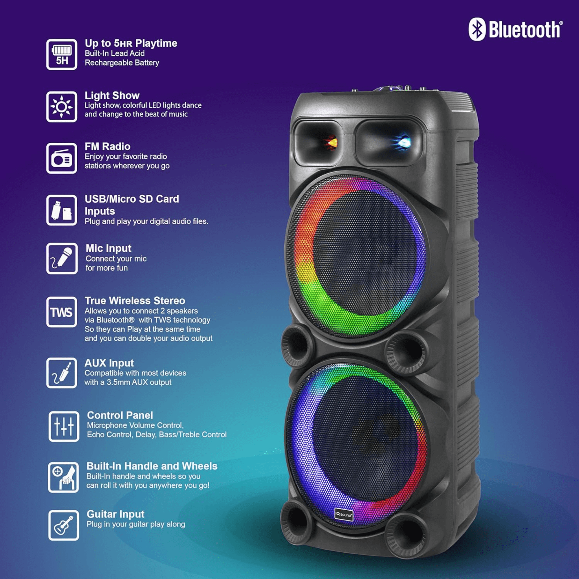 IQ Sound 2x12-Inch Portable Bluetooth Party Speaker Jupiter Gear Home