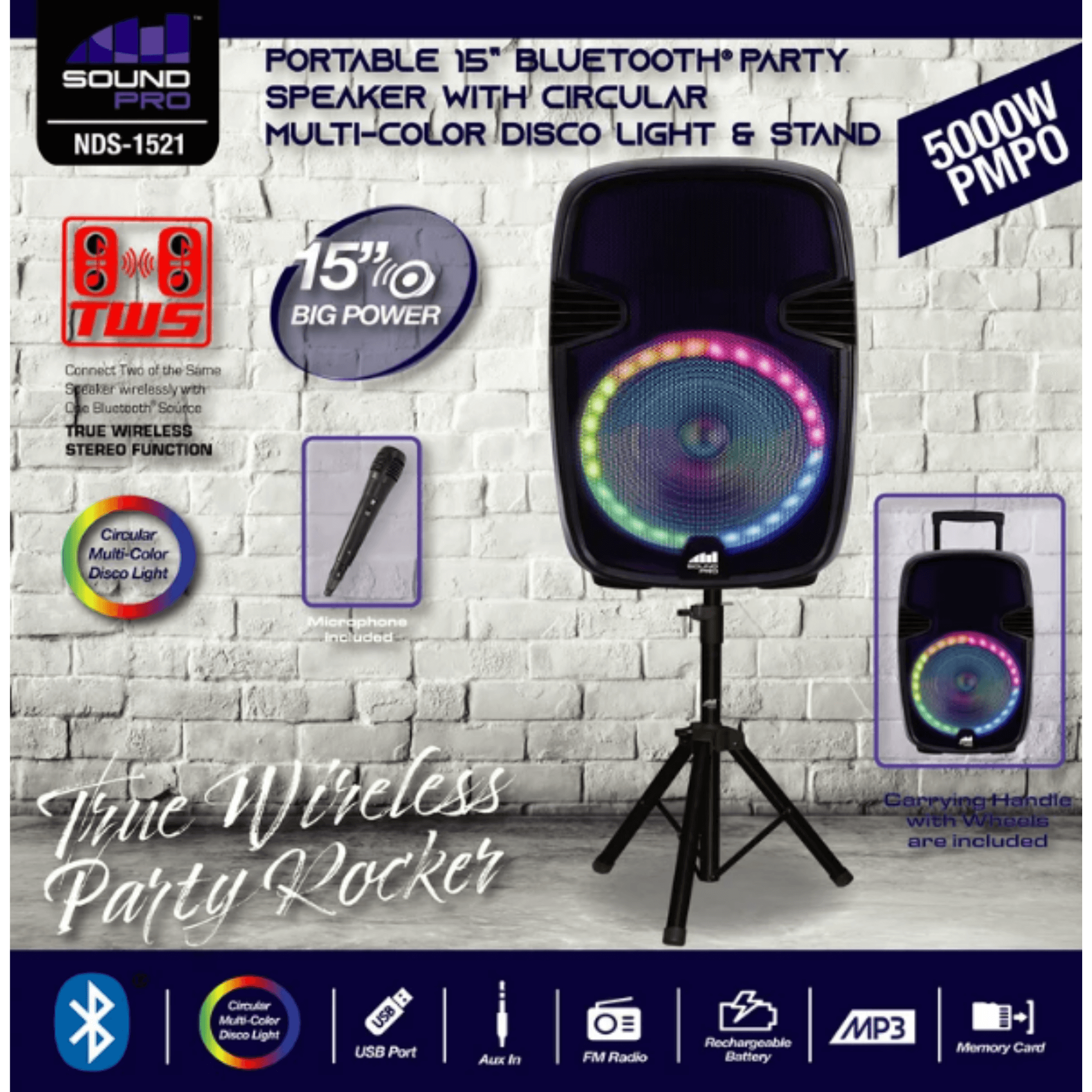 Naxa Portable 15” Bluetooth Party Speaker with Circular Multi-Color Disco Light (NDS-1521) Jupiter Gear Home