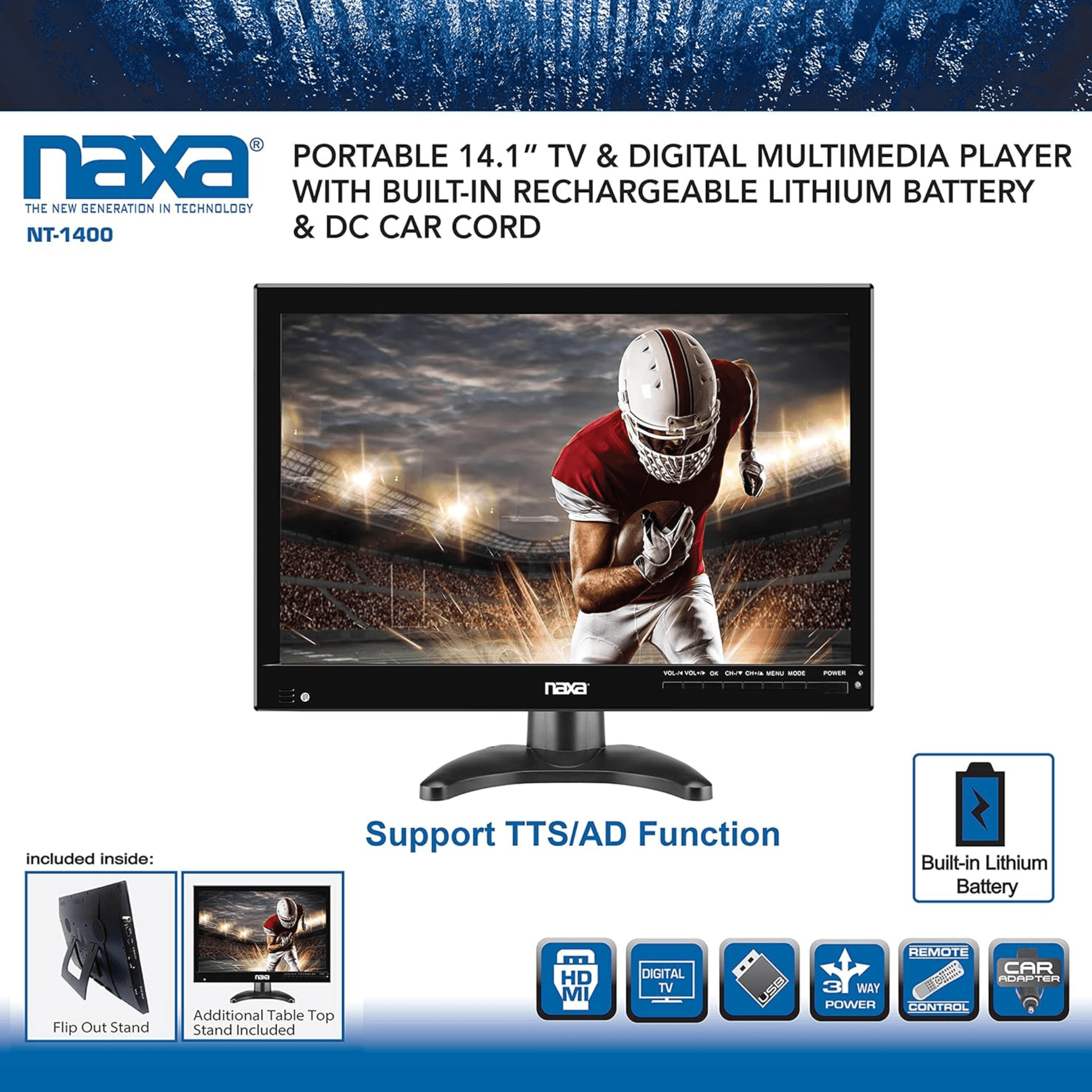 Naxa Portable 14.1" 12 Volt ACDC Television and Digital Multimedia Player with Built-in Rechargeable Lithium Battery & DC Car Cord Jupiter Gear Home