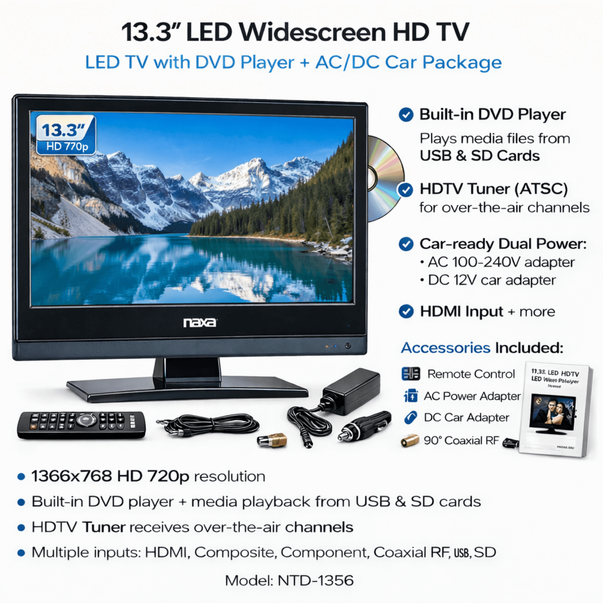 Naxa 13.3" 12Volt ACDC LED HDTV ATSC with DVD and Media Player & Car Package Jupiter Gear Home