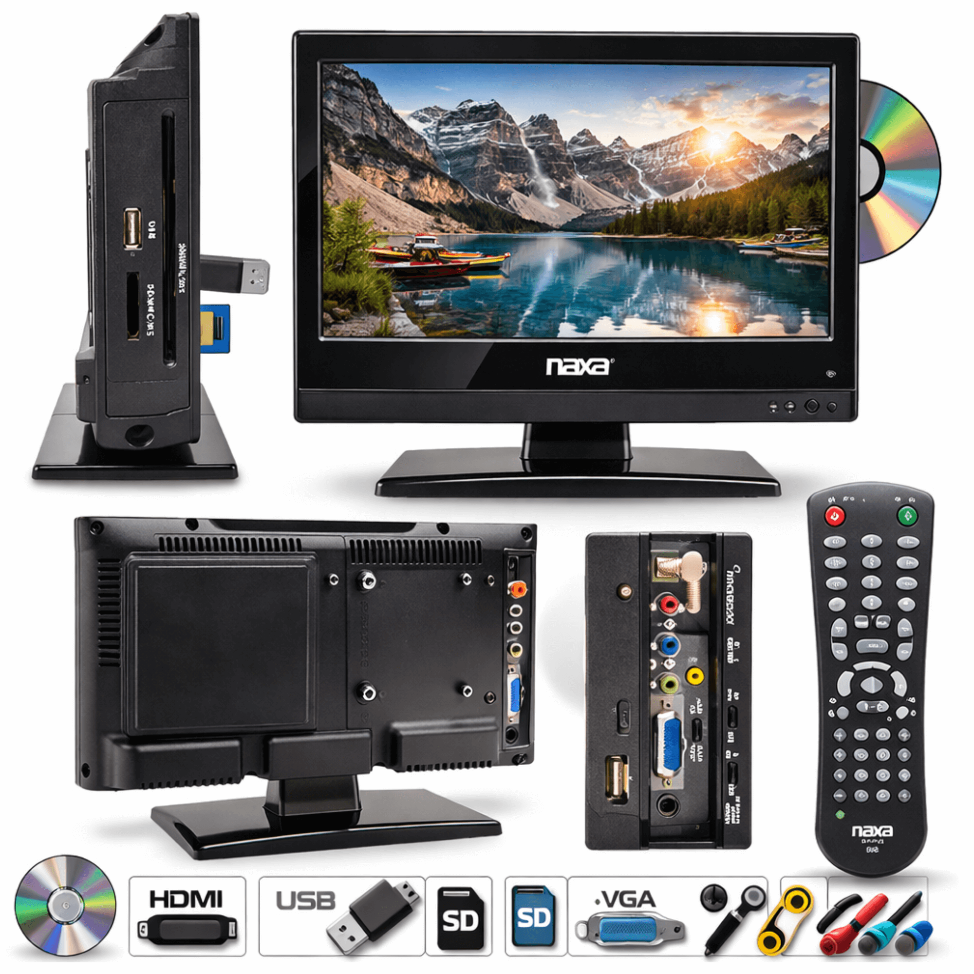 Naxa 13.3" 12Volt ACDC LED HDTV ATSC with DVD and Media Player & Car Package Jupiter Gear Home