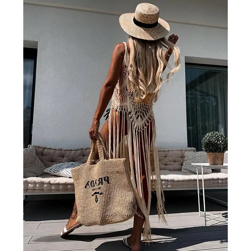Beach Cover Ups for Swimwear Women Sexy Hand Hook Hollow Out Sunscreen Shirt with Long Tassel Beach Cover Taj Home Store