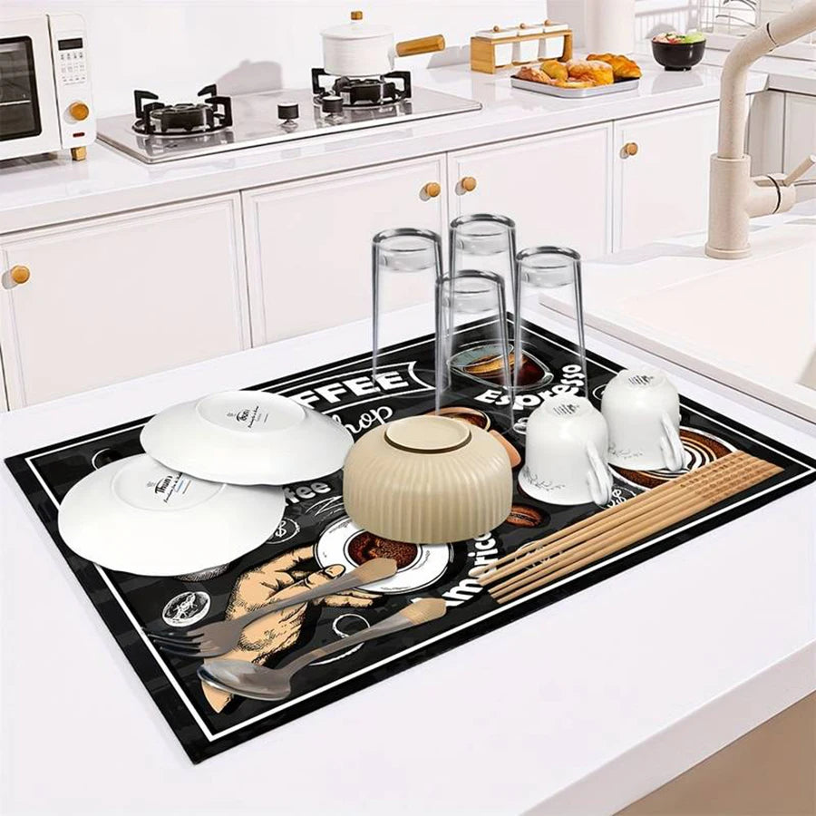 1pc creative pattern printed coffee machine mat kitchen counter quick water absorption utensil drying mat desktop drainage mat Taj Home Store