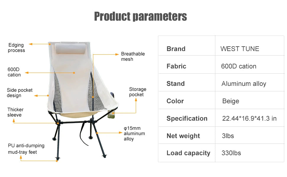 Westtune Portable Folding Camping Chair with Headrest Lightweight Tourist Chairs Aluminum Alloy Fishing Chair Outdoor Furniture Taj Home Store