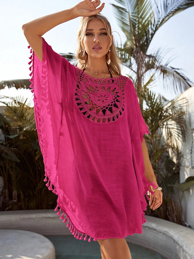 Beach Cover Up Women Knitted Sunflower Beach Wear Fringe Tunic Ladies Bathing Suit Cover-ups Bikini Ups Bathing Suit Beachwear Taj Home Store