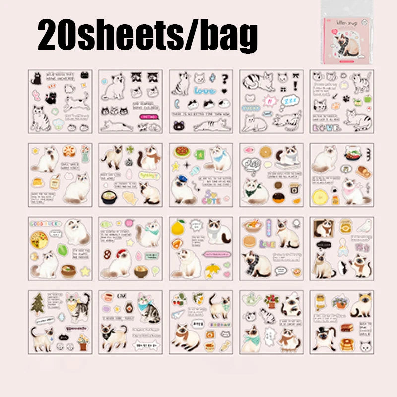 20pcs Corner Cats PET Square Sticker Book for Journal Scrapbooking Planner Decoration Waterproof Cute Animal Stickers, Mr. Paper Taj Home Store