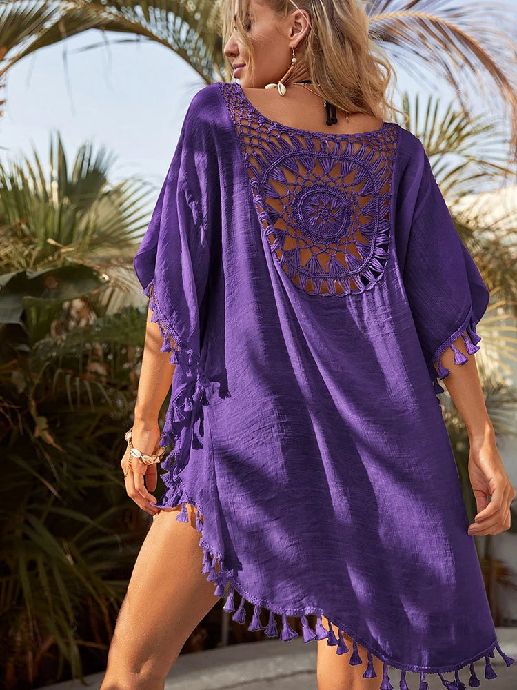 Beach Cover Up Women Knitted Sunflower Beach Wear Fringe Tunic Ladies Bathing Suit Cover-ups Bikini Ups Bathing Suit Beachwear Taj Home Store