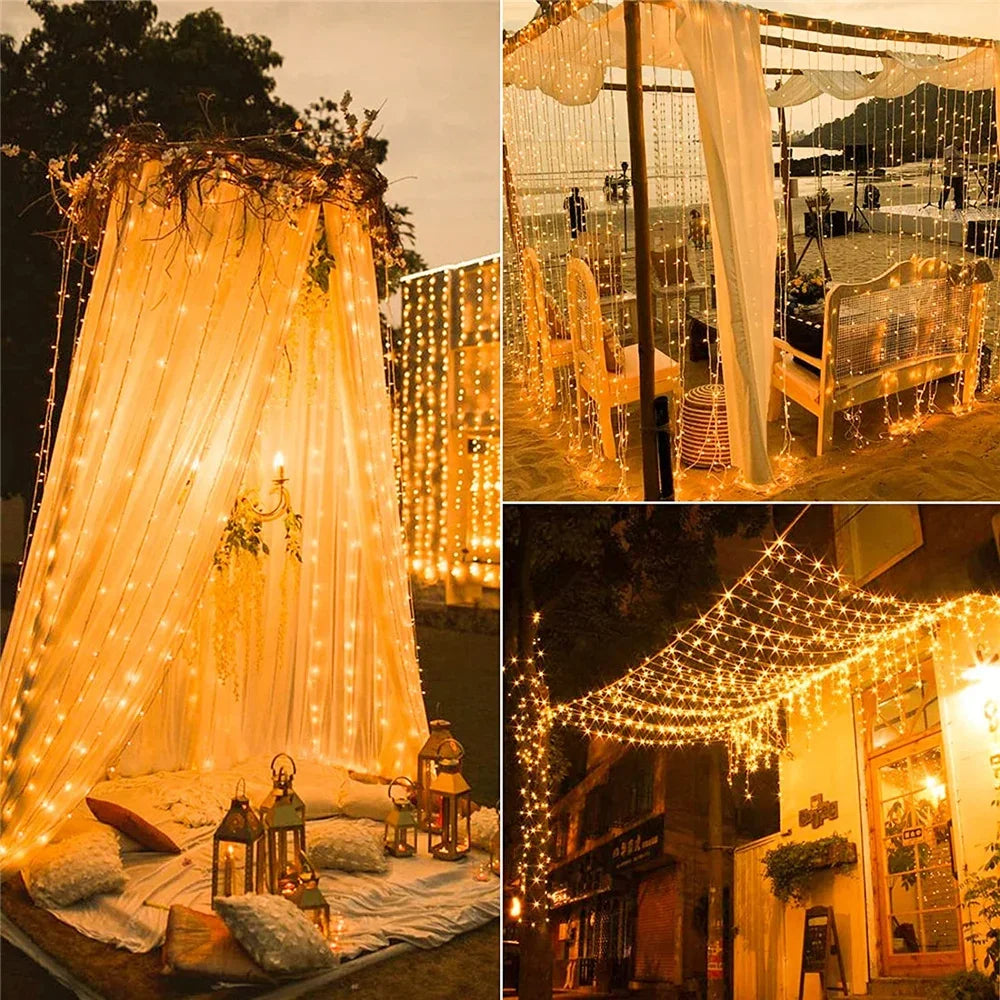 Outdoor Solar Curtain Light 3x3M 300Leds Holiday Decorations Garland 8 Modes Halloween Christmas Party Decor String Lights Taj Home Store