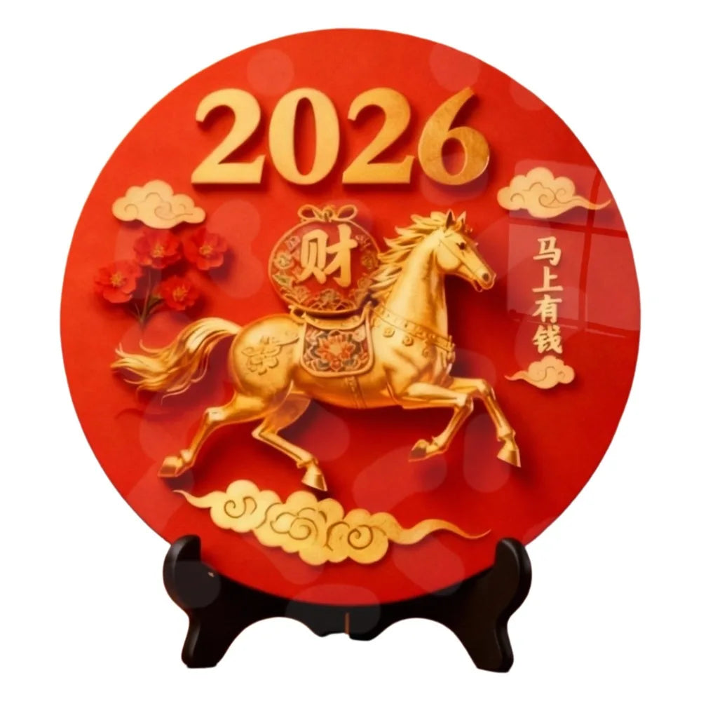 Horse Year Decorative Paintings Ornament Round Good Luck Desktop Ornament Wooden Funny Home Decor Ornament TV Cabinets Taj Home Store