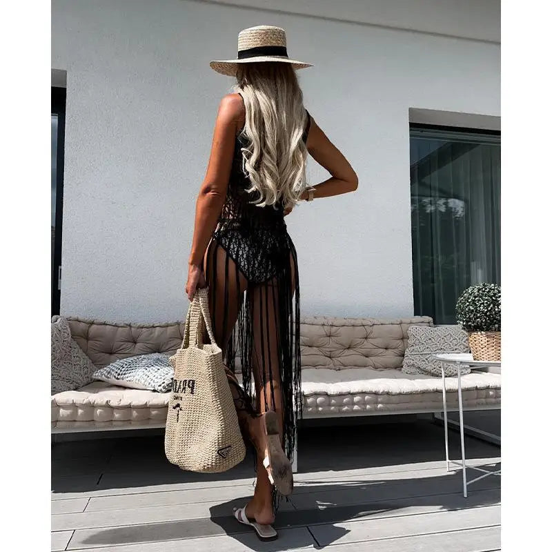 Beach Cover Ups for Swimwear Women Sexy Hand Hook Hollow Out Sunscreen Shirt with Long Tassel Beach Cover Taj Home Store