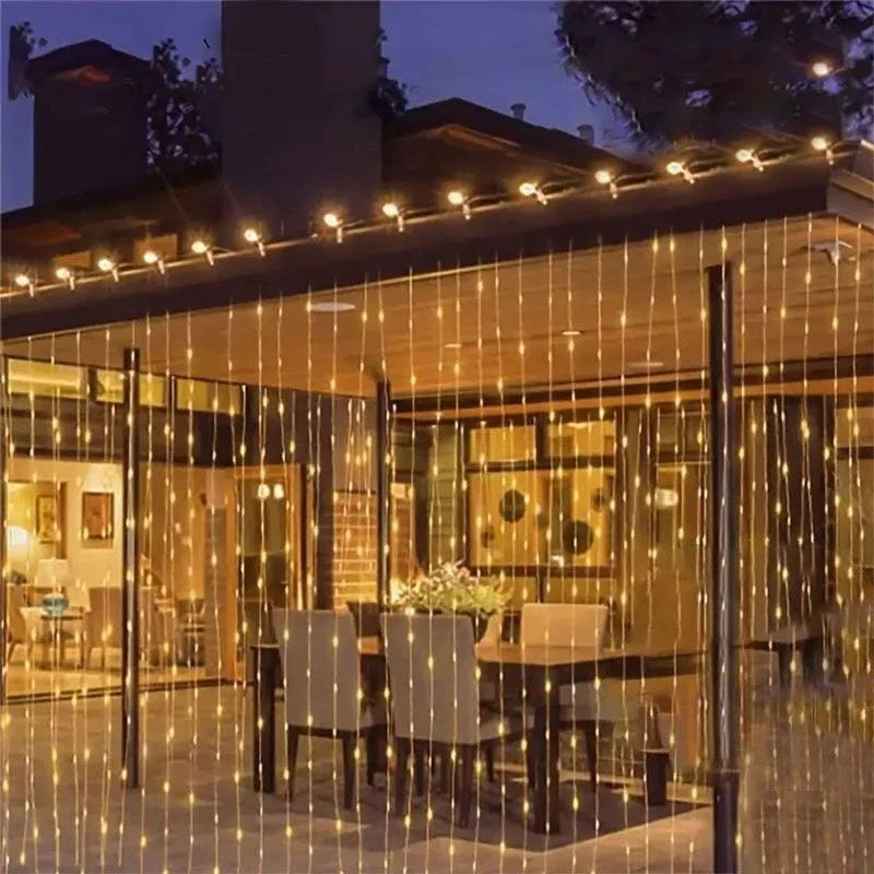 Outdoor Solar Curtain Light 3x3M 300Leds Holiday Decorations Garland 8 Modes Halloween Christmas Party Decor String Lights Taj Home Store
