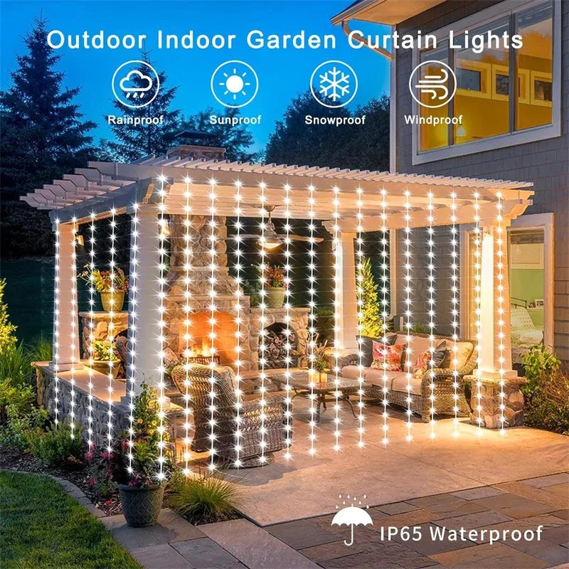 Outdoor Solar Curtain Light 3x3M 300Leds Holiday Decorations Garland 8 Modes Halloween Christmas Party Decor String Lights Taj Home Store