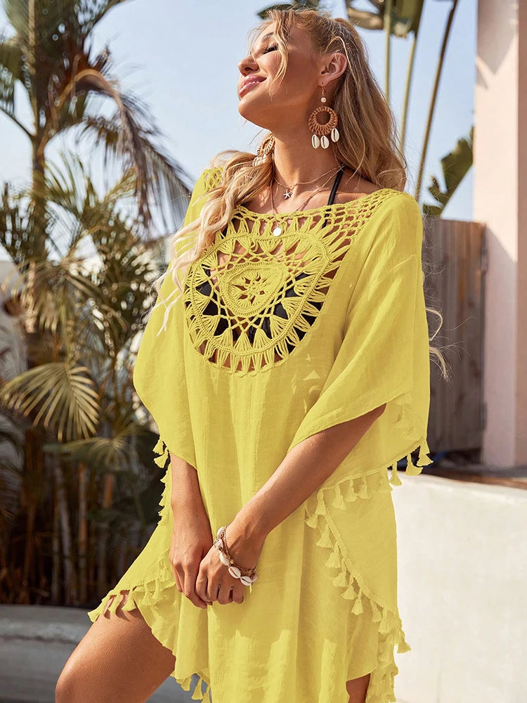 Beach Cover Up Women Knitted Sunflower Beach Wear Fringe Tunic Ladies Bathing Suit Cover-ups Bikini Ups Bathing Suit Beachwear Taj Home Store