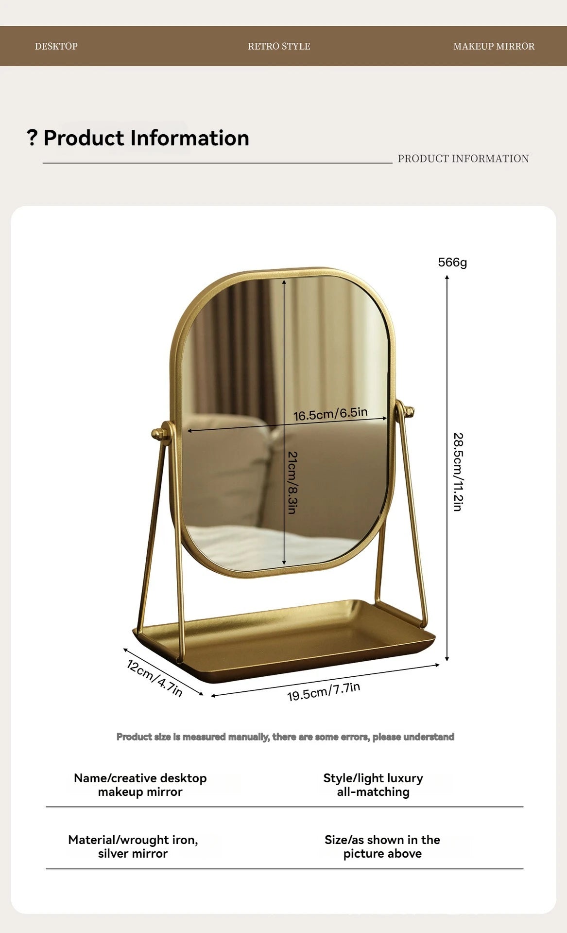 Rotating makeup mirror, light luxury style desktop with chassis, can store large makeup mirror, home dressing table mirror Taj Home Store