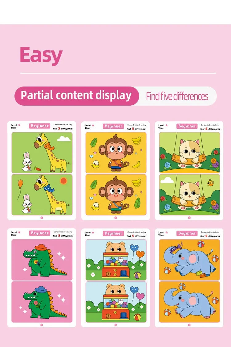 Find Differences Card Game Reusable Cartoon Educational Puzzle for Kids Three Difficulty Levels for Focus Attention Training Taj Home Store