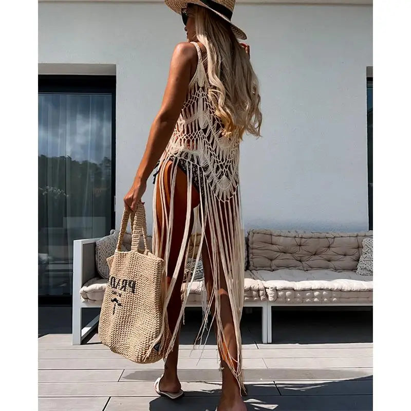 Beach Cover Ups for Swimwear Women Sexy Hand Hook Hollow Out Sunscreen Shirt with Long Tassel Beach Cover Taj Home Store