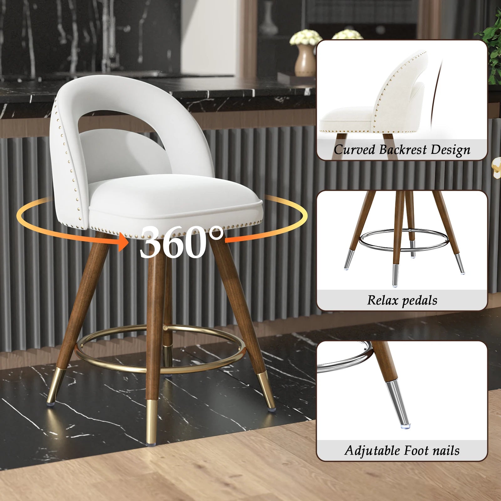 Set Of 2 24-Inch Swivel Counter Height Bar Stools With Solid Wood Legs & Velvet Backs For Dining Kitchen Island Taj Home Store