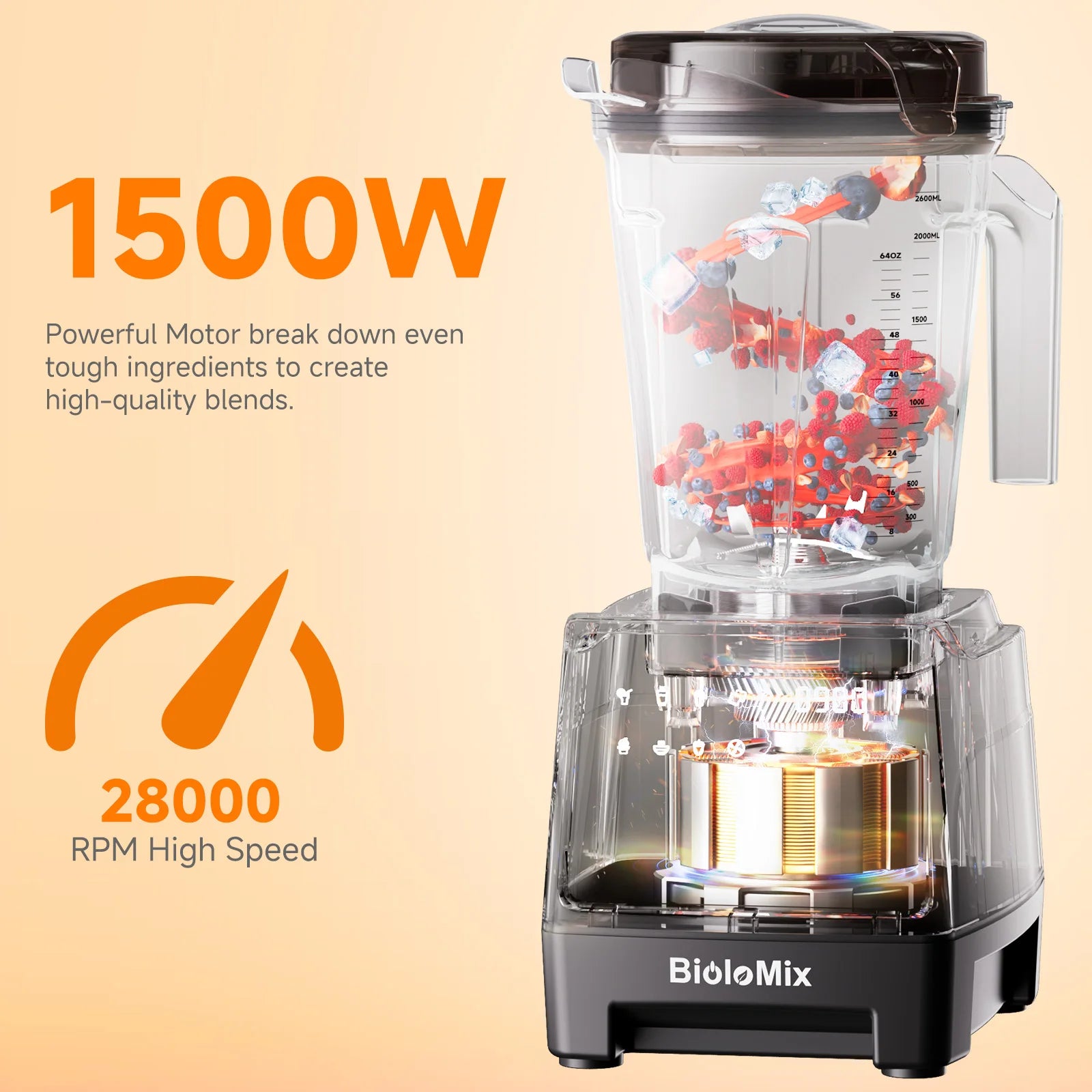BioloMix 1500W Professional Blender With 2.6L BPA Free Jar With 6 Blades, 7 Preset Program for Smoothies, Shakes, Nut Milk Taj Home Store