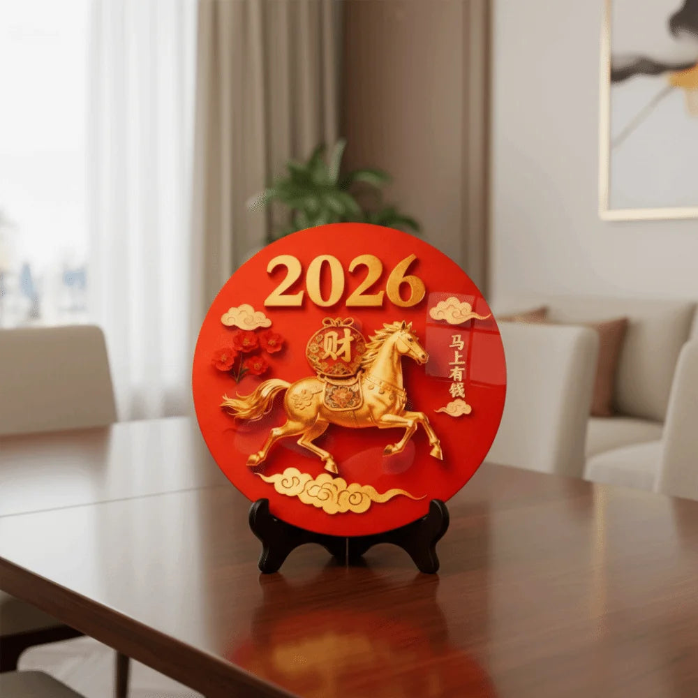Horse Year Decorative Paintings Ornament Round Good Luck Desktop Ornament Wooden Funny Home Decor Ornament TV Cabinets Taj Home Store