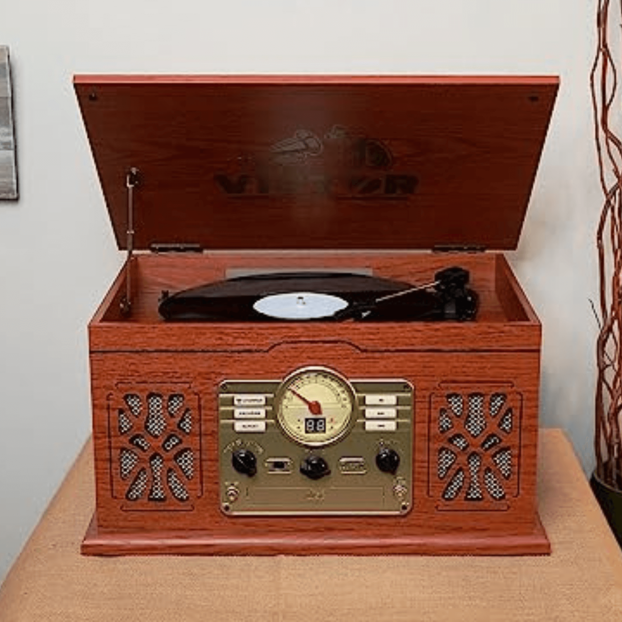 Victor State 7-in-1 Wood Music Center with 3-Speed Turntable and Dual Bluetooth Jupiter Gear Home
